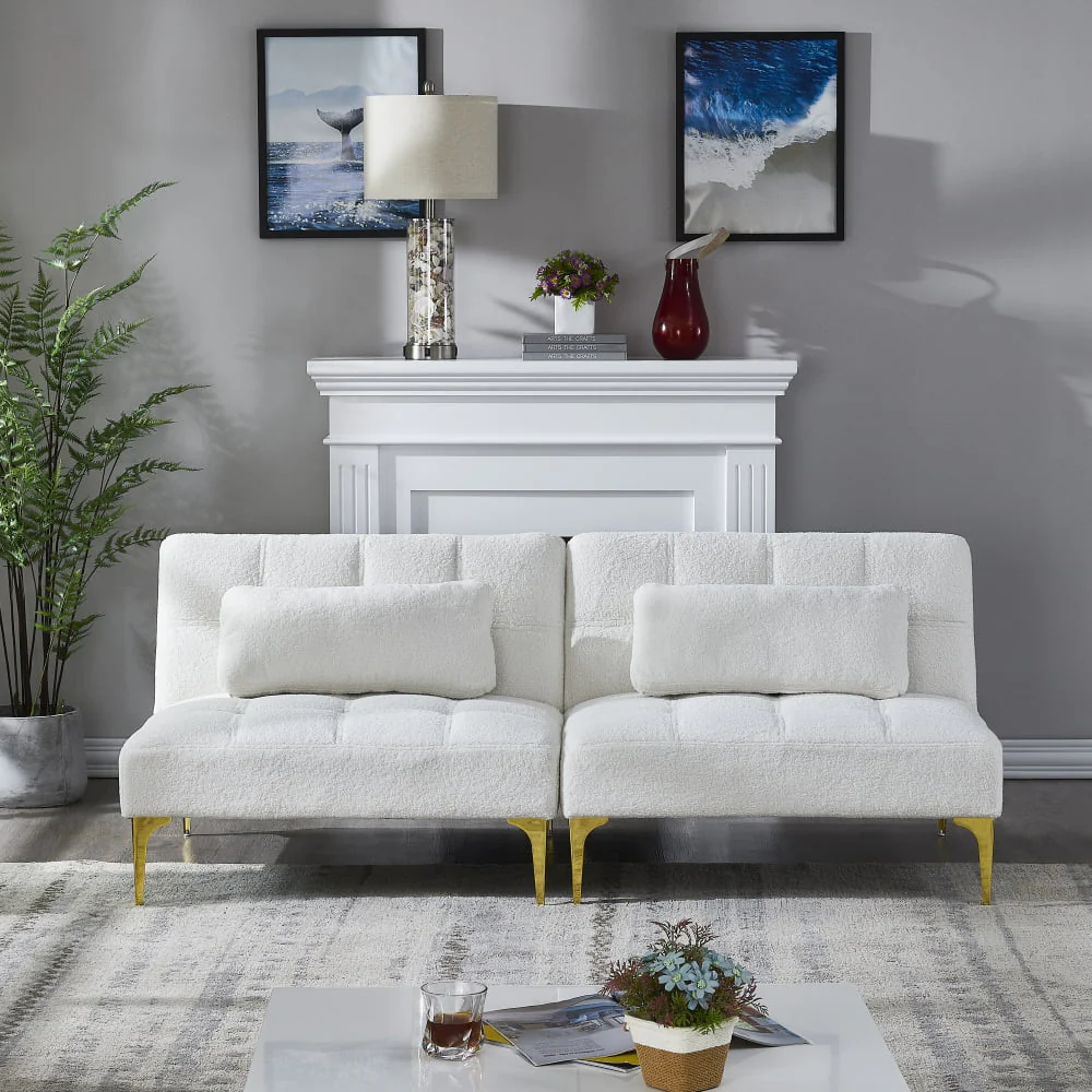 Sofa Bed, Convertible Couch Bed Futon,  Armless Couches with Gold Metal Legs Teddy Fabric for Living Room Bedroom Apartment Office Small Space (White)