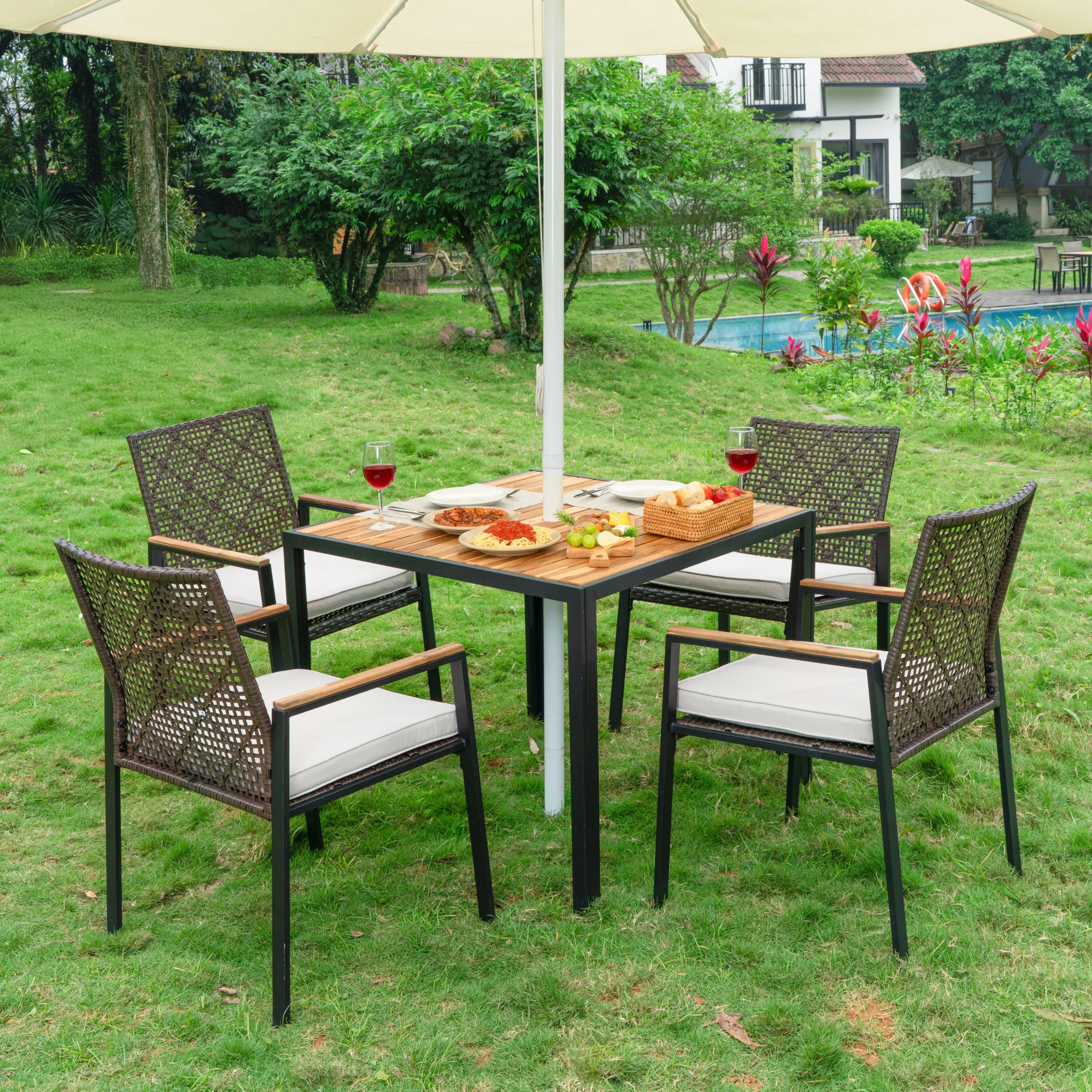 Outdoor Dining Set, 5-piece Outdoor Patio Furniture Table and Chairs Cushioned, Hollow Rattan Dining Table Set for 4, Bold Metal Frame, Acacia Woodtop, Umbrella Hole