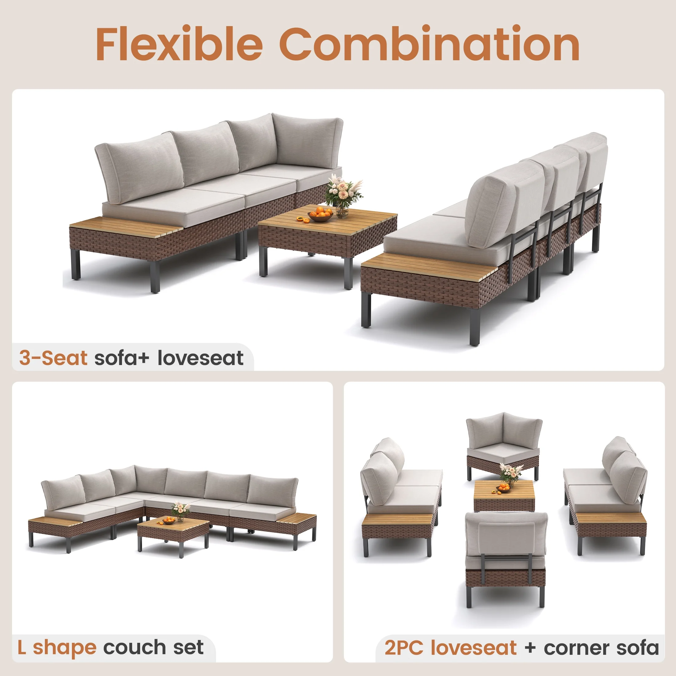 Poteban 5-piece Rattan Outdoor Patio Sofa Set,L-Shaped Sectional Sofa Couch with Coffee Table for Backyard,Lawn,Garden,Navy Blue