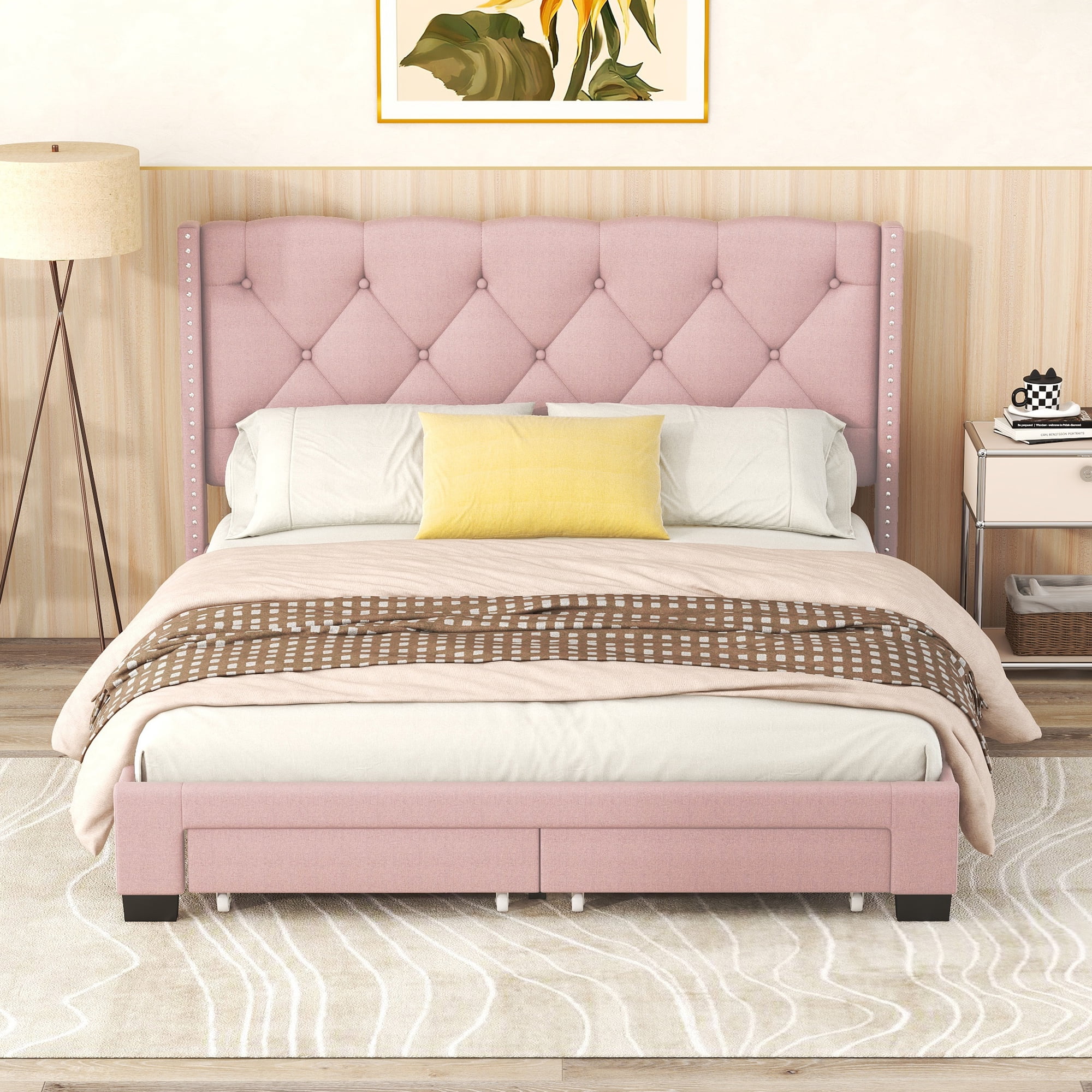 PAPROOS Upholstered Platform Bed with Storage, Queen Size Linen Upholstered Bed Frame with Button Tufted Headboard and 2 Drawers, Queen Bed Frame for Teens Adults, No Box Spring Needed, Pink
