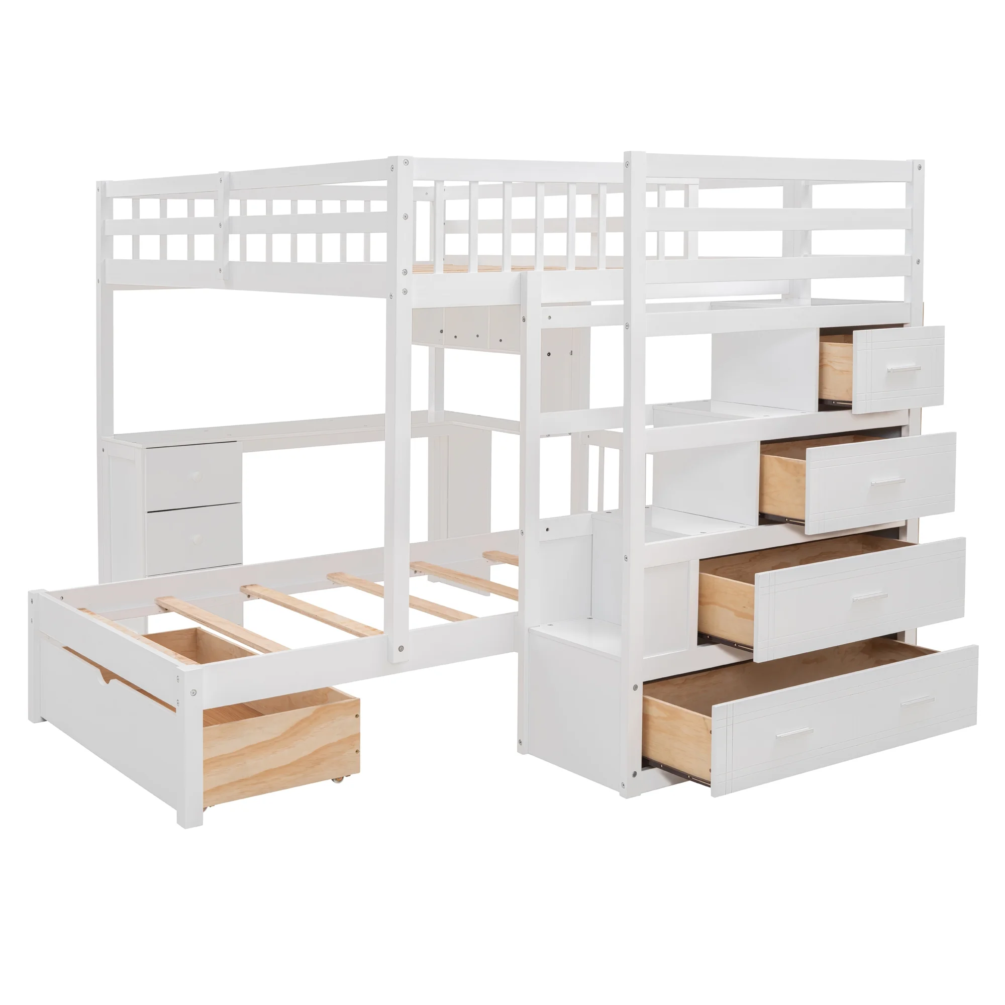 Harper & Bright Designs Full Over Twin Bunk Bed with Desk, Drawers and Shelves, L-Shaped Bunkbeds with Storage Staircase for Adults Bedroom, White