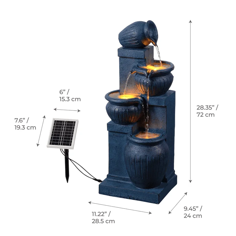 Teamson Home Outdoor Water Fountain with Lights�C 4-Tier Cascading Bowl Design with LED Light & Solar Pump, Solar-Powered Water Fountain Outdoor Garden, Yard, or Patio D��cor, Navy Blue