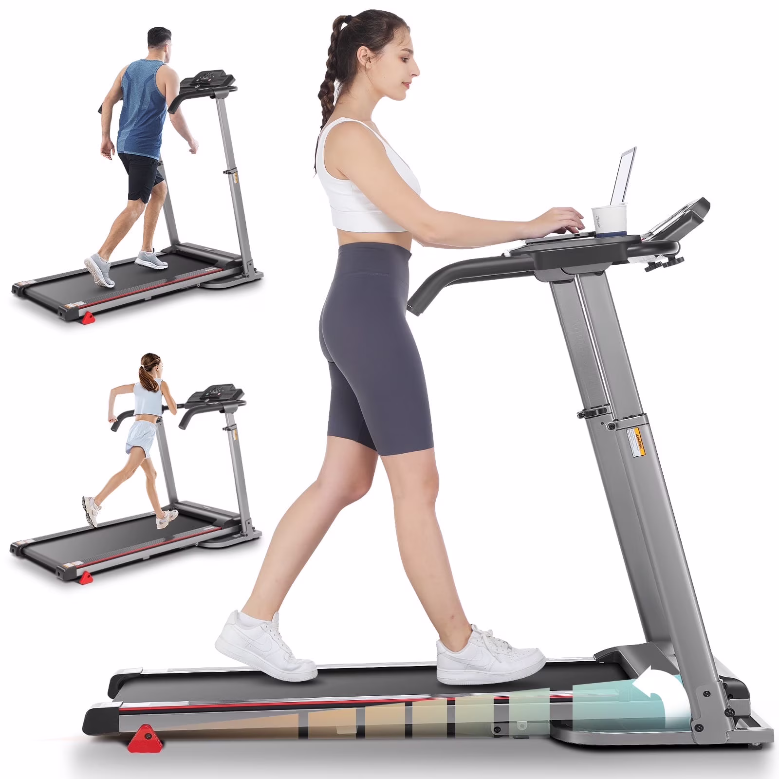 Ancheer Folding Treadmill with Incline, Treadmill with Adjustable Height Desk & Removable iPad Holder,Speed Range 0.6-7.5 mph,300 LBS Weight Capacity