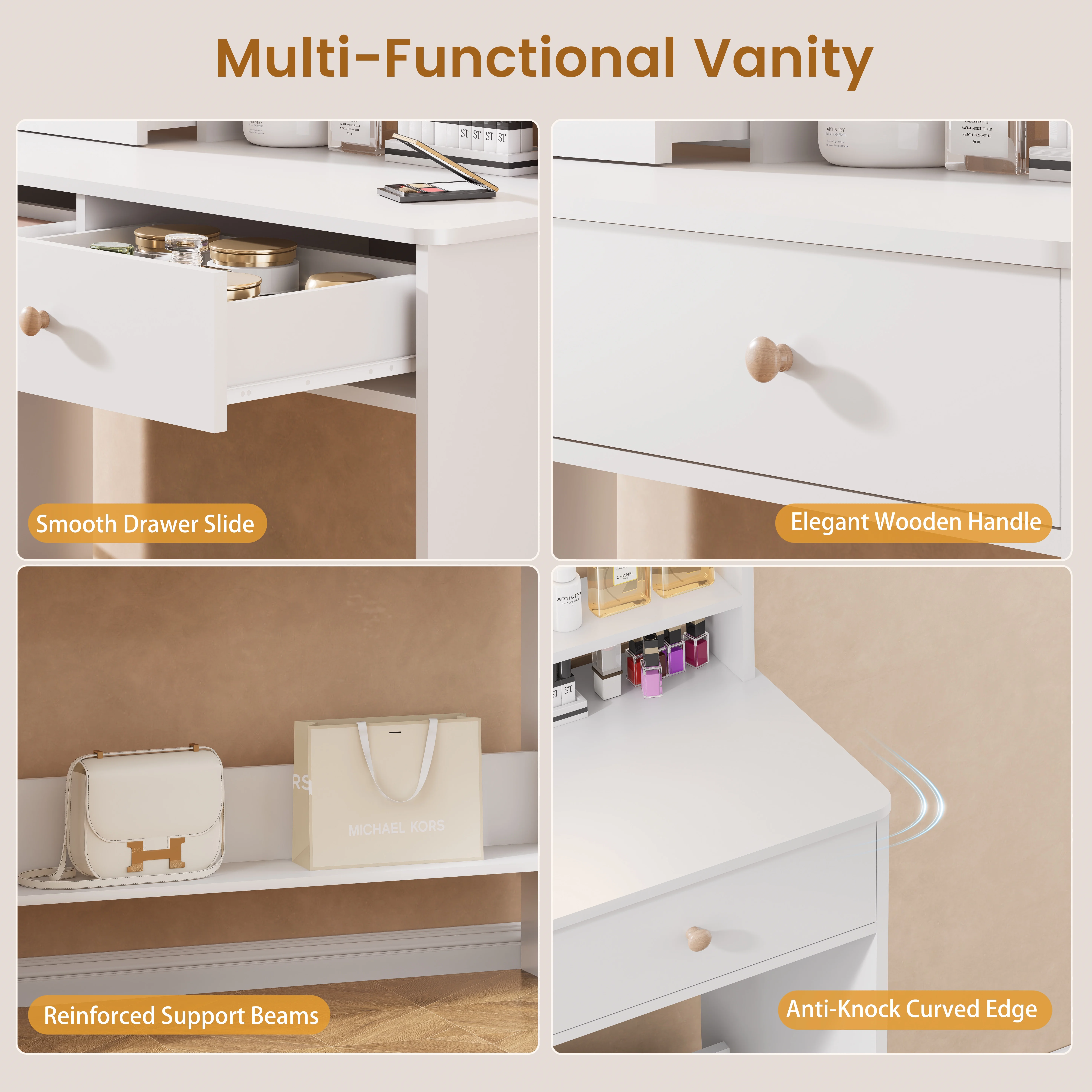 Vanity Desk with LED Lighted Mirror, Makeup Vanity Desk with 3 Drawers & Storage Shelves, 3 Color Modes, Dressing Table for Bedroom, White