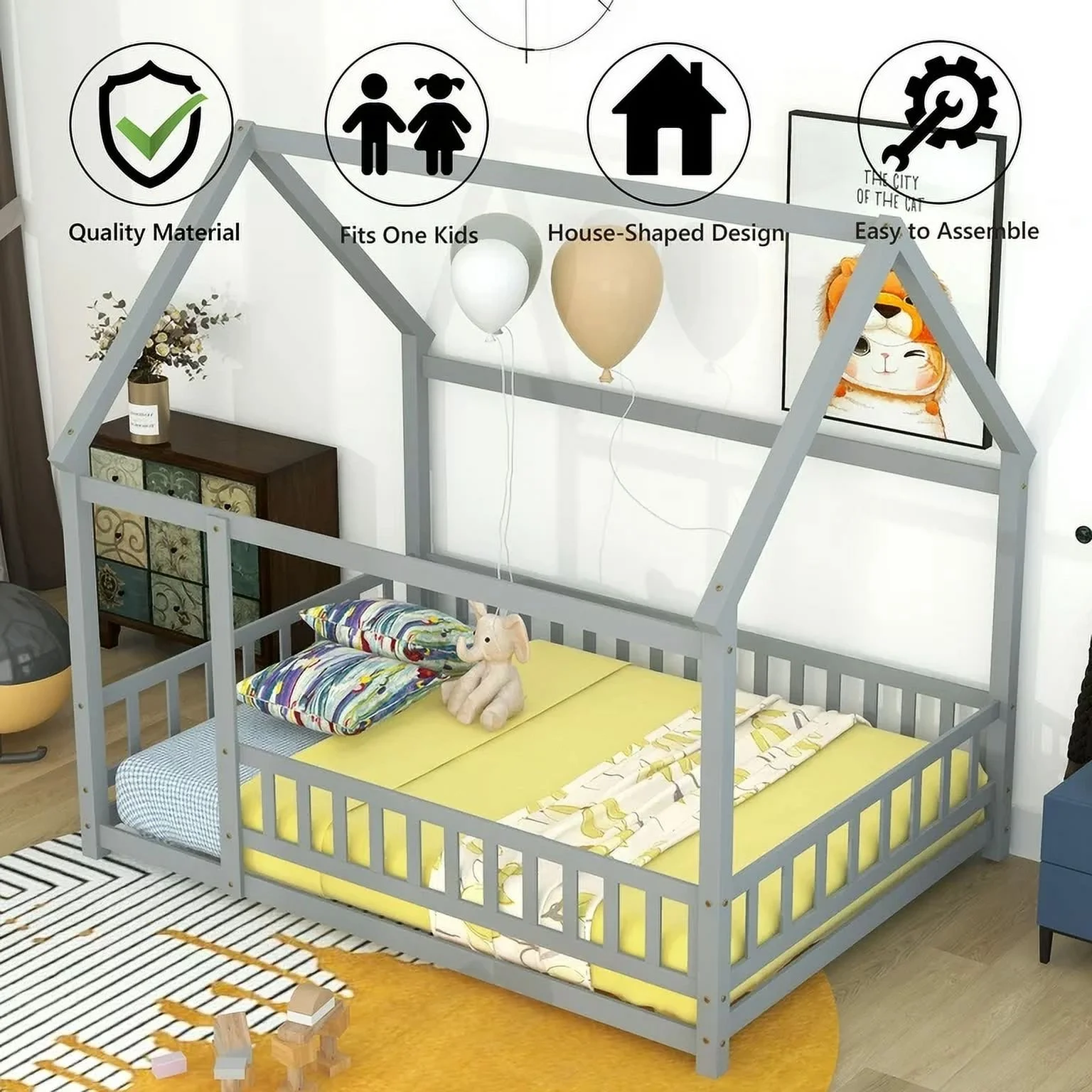 Full Size House Floor Bed, Wood Montessori Bed Frame with Fence Guardrails, House Beds Frame No Box Spring Needed��Full, Gray)