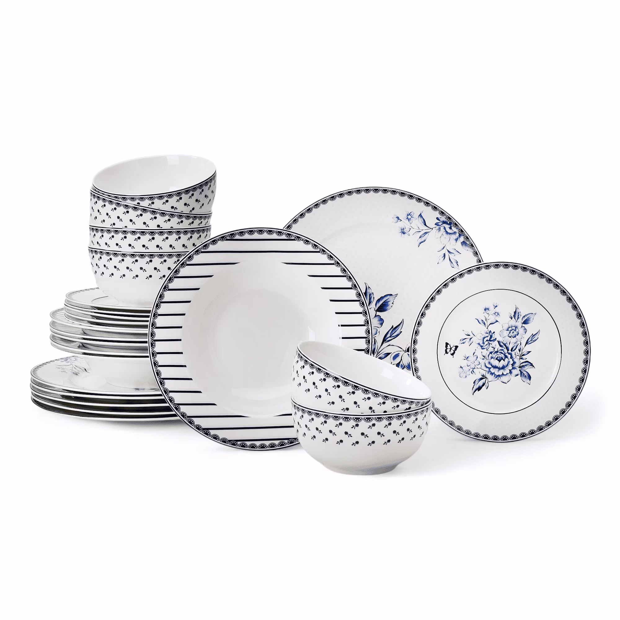 STP GOODS Melodie de Fleurs Bone China Dinnerware Set of 24 Service for 6 24-Piece Dish Set of Plates and Bowls, Blue Gold White