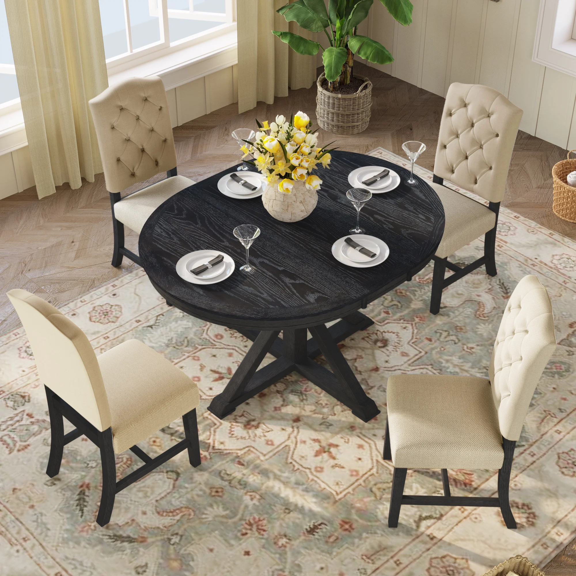 Besthome Farmhouse Extendable Round Kitchen Dining Room Table Set with Upholstered Chairs of 4, 5 Piece Round Dining Table Set with Extendable Table, Espresso