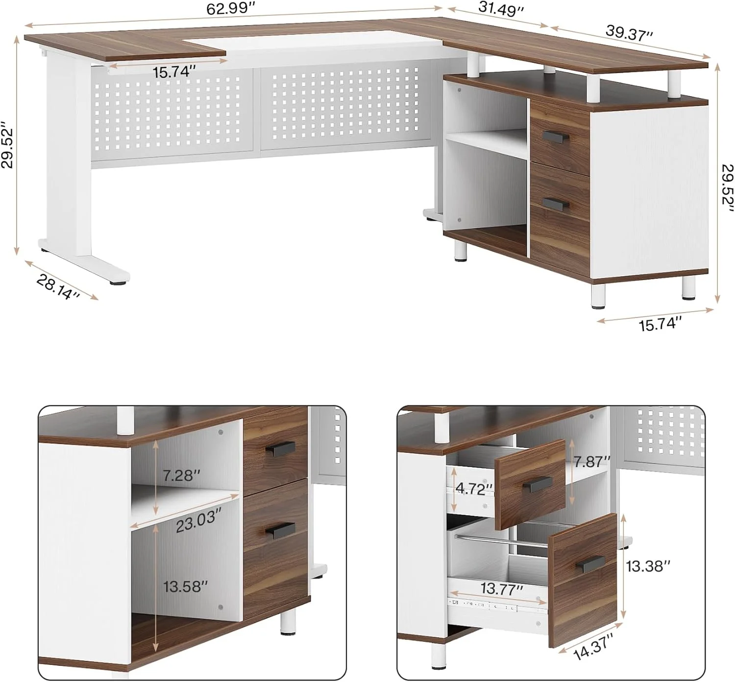 Tribesigns 63 Inch Executive Desk with File Cabinet, Large Office Desk L Shaped Computer Desk with Drawers and Storage Shelves, Business Furniture Desk Workstation for Home Office, Brown and Black