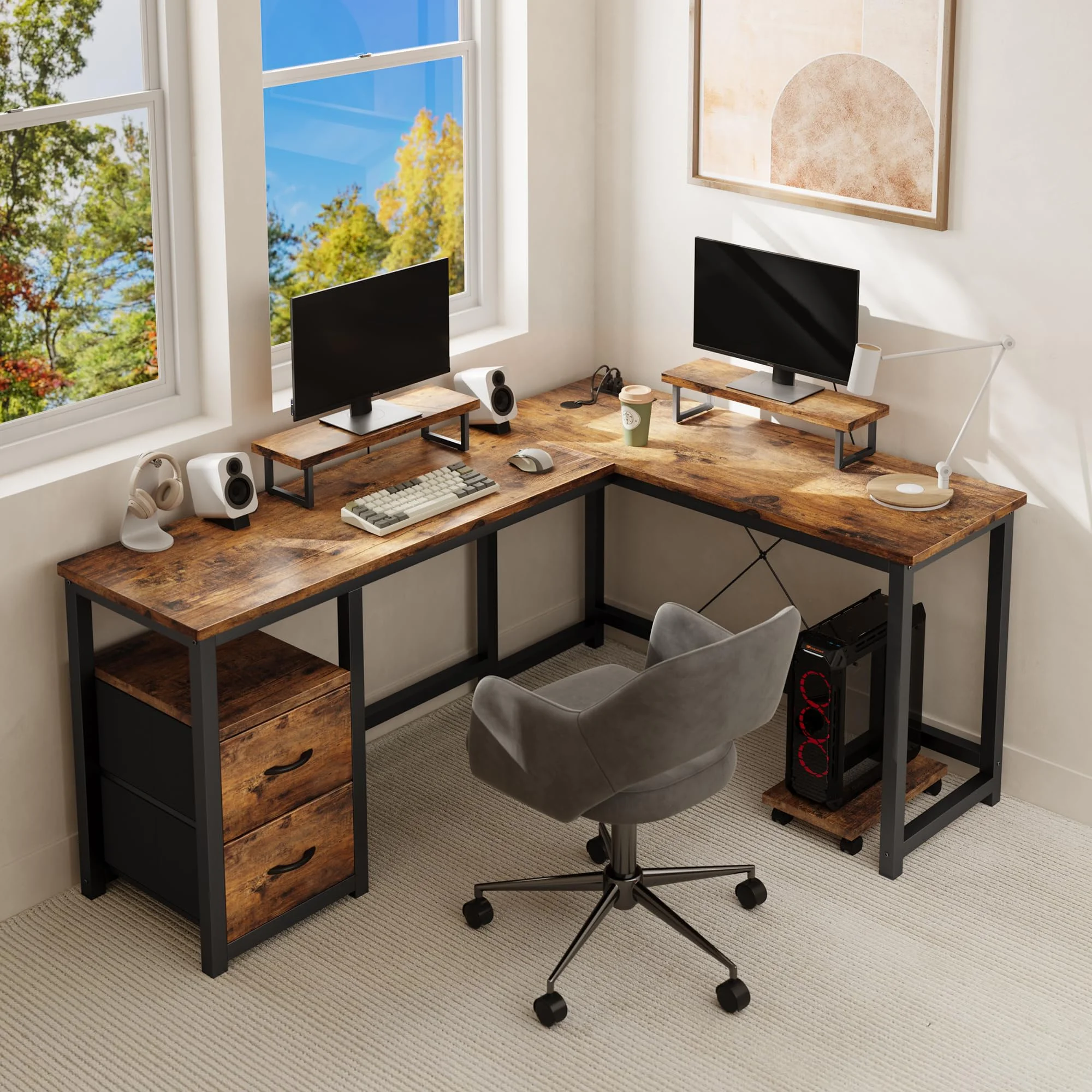 Lofka L Shaped Gaming Desk with Power Outlets, Computer Desk with Shelf and Drawers for Home /Office, Black