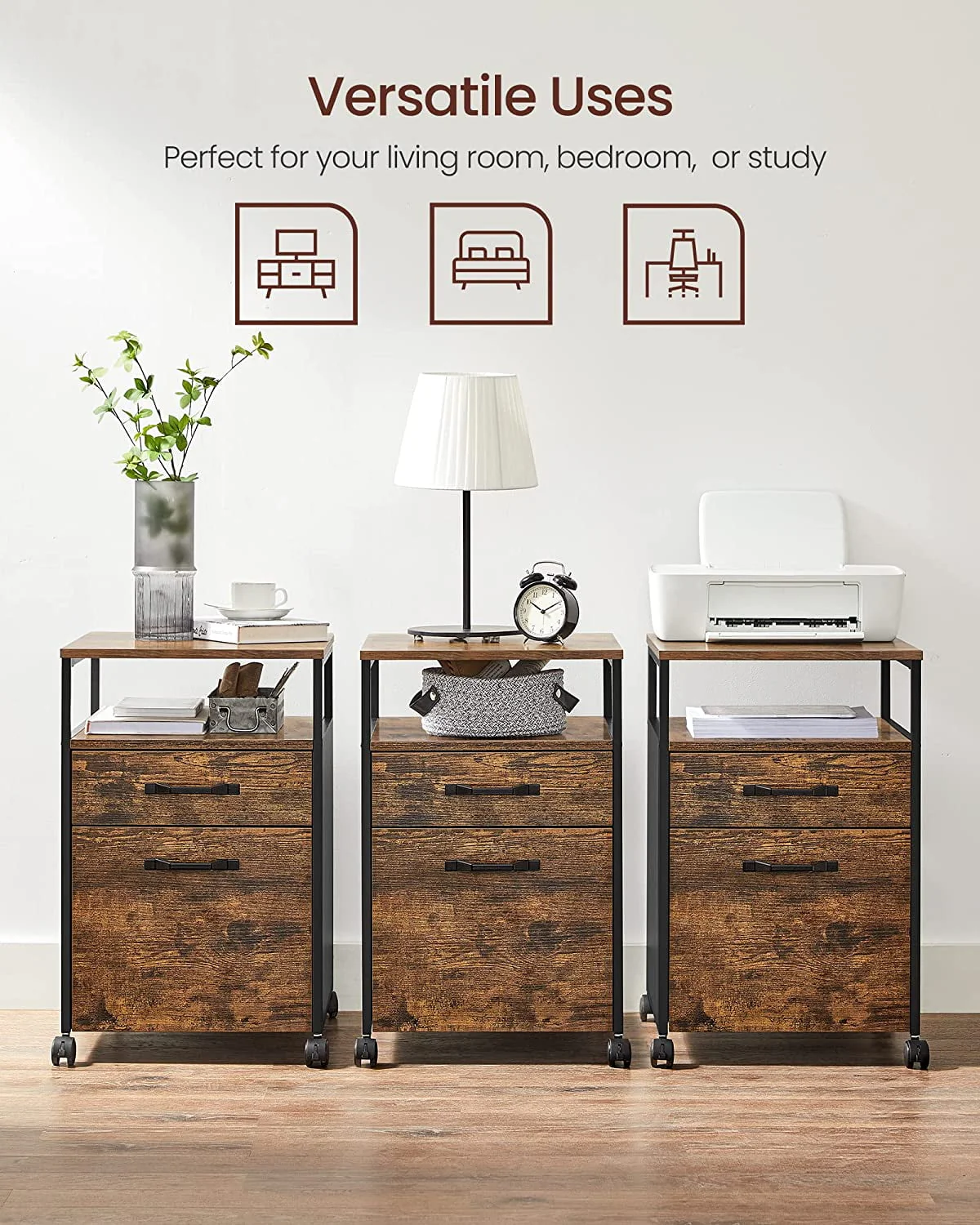 VASAGLE File Cabinet Mobile Filing Cabinet with Wheels 2 Drawers Open Shelf for Office Rustic Brown and Black