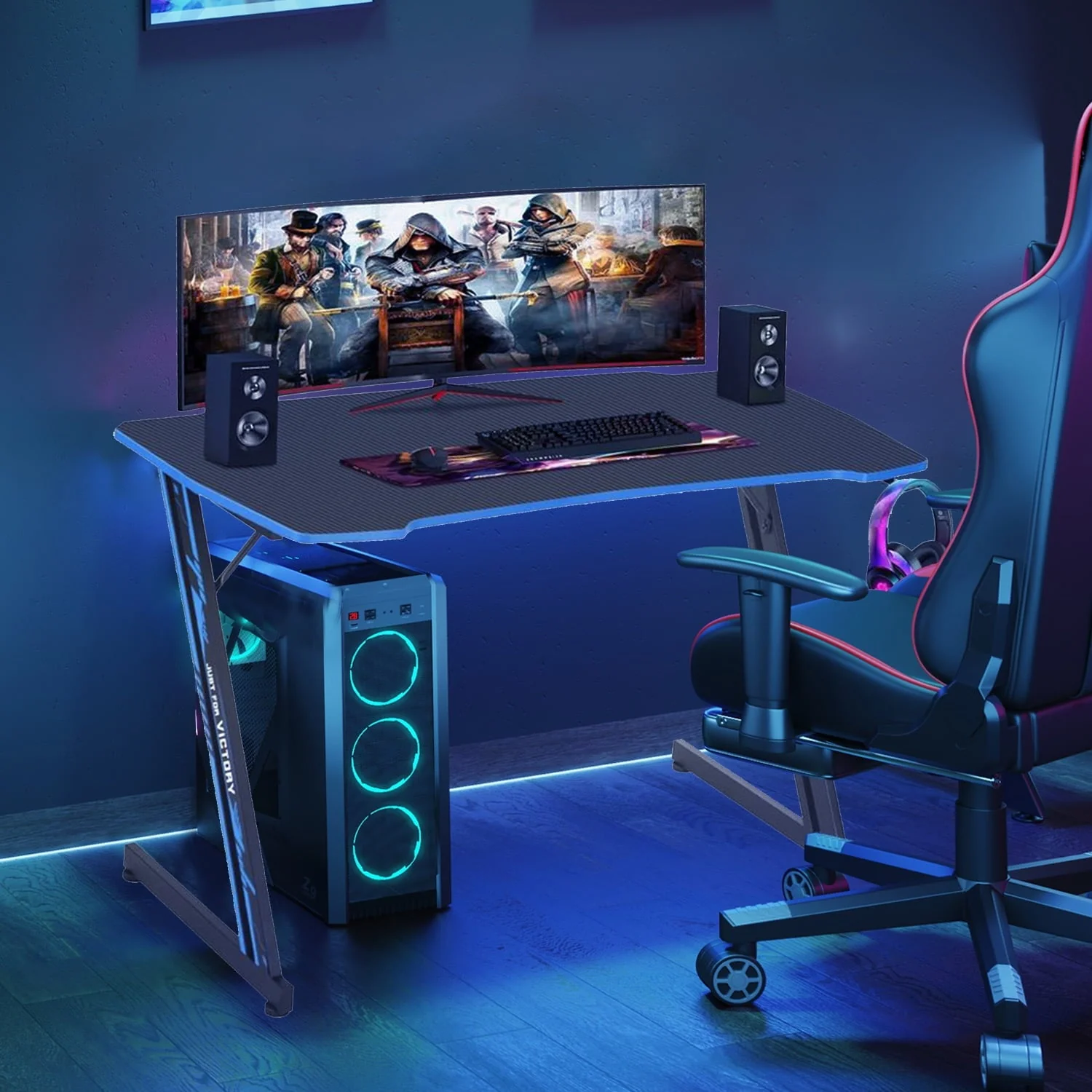 YRLLENSDAN Gaming Desk Z Shaped 40in Computer Gaming Workstation Ergonomic Gaming Table with Headphone Hook for Game Players, Red