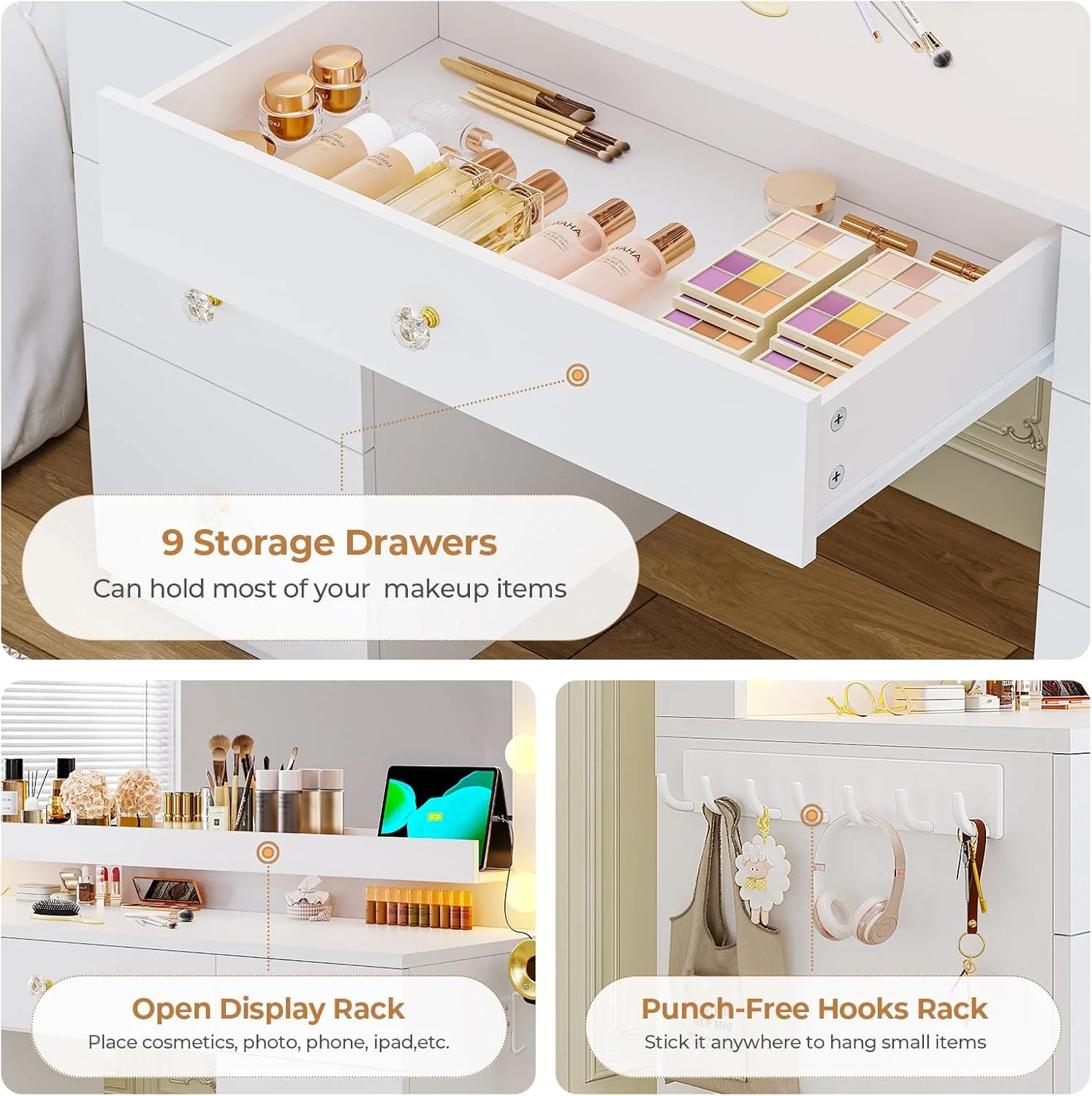 Aunfebrco White Vanity Desk Makeup Vanity Table with Mirror and Lights and Charging Station, Large Dressing Table with Storage Cabinet&6 Drawers&4 Storage Shelves for Bedroom