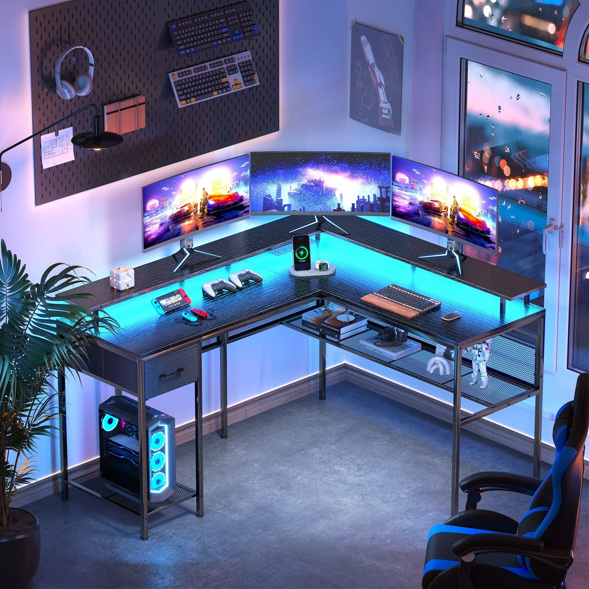 Huuger Gaming Desk with LED Lights & Power Outlets, L Shaped Desk Computer Desk with Storage Shelves, Fabric Drawer, Monitor Stand, Home Office Desk, Corner Desk, Black