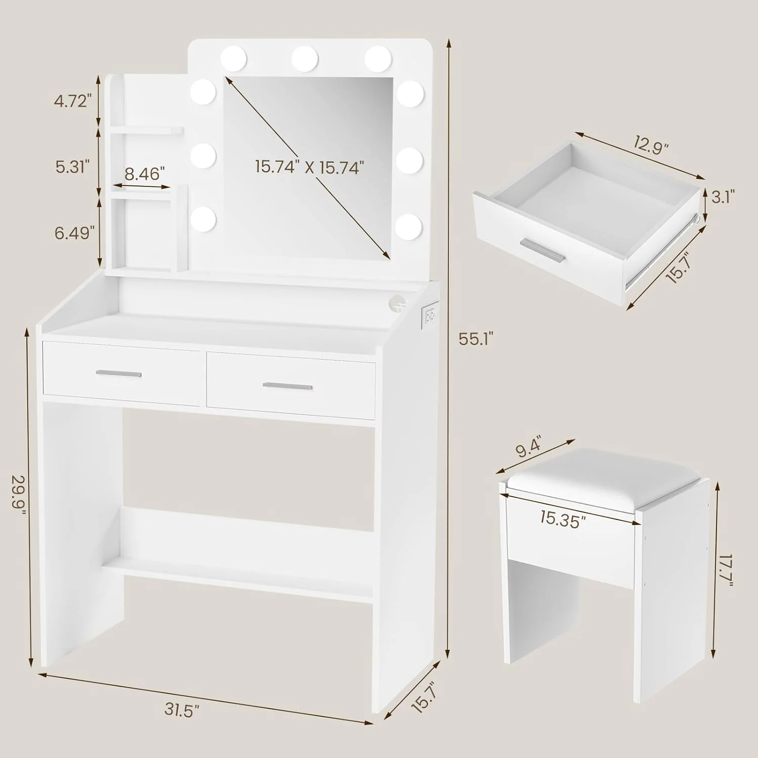 OYang Makeup Vanity with Lights, Vanity Desk with Mirror and Lights Set, Large Drawer and Two-Tier Lots Storage Cabinet, 3 Lighting Modes Adjustable Brightness