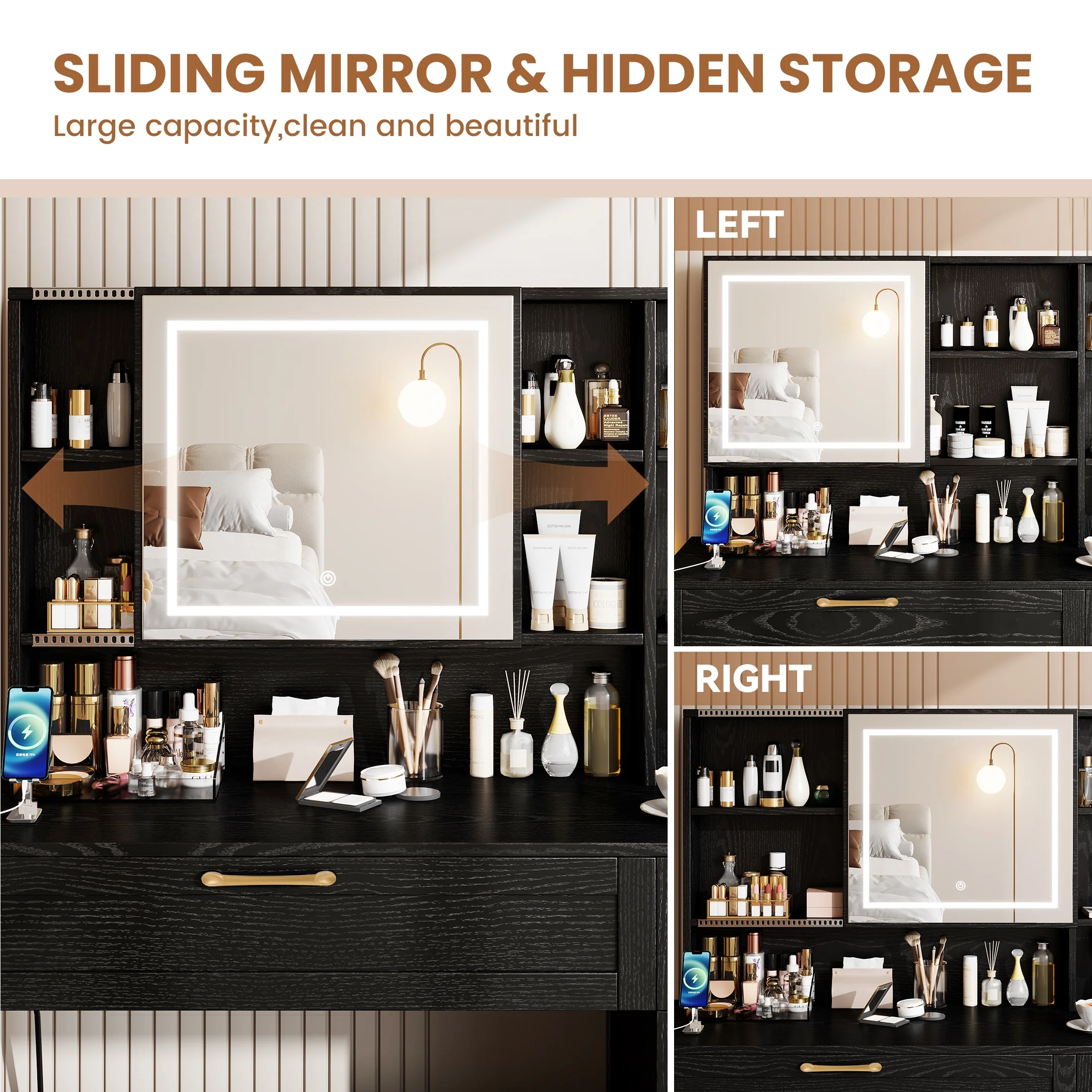SESSLIFE 41''Vanity Set with Charging Station, Large Makeup Desk with LED Sliding Mirror, 3 Lighting Modes Adjustable Brightness, Makeup Dressing Table Set for Adults,Women, White