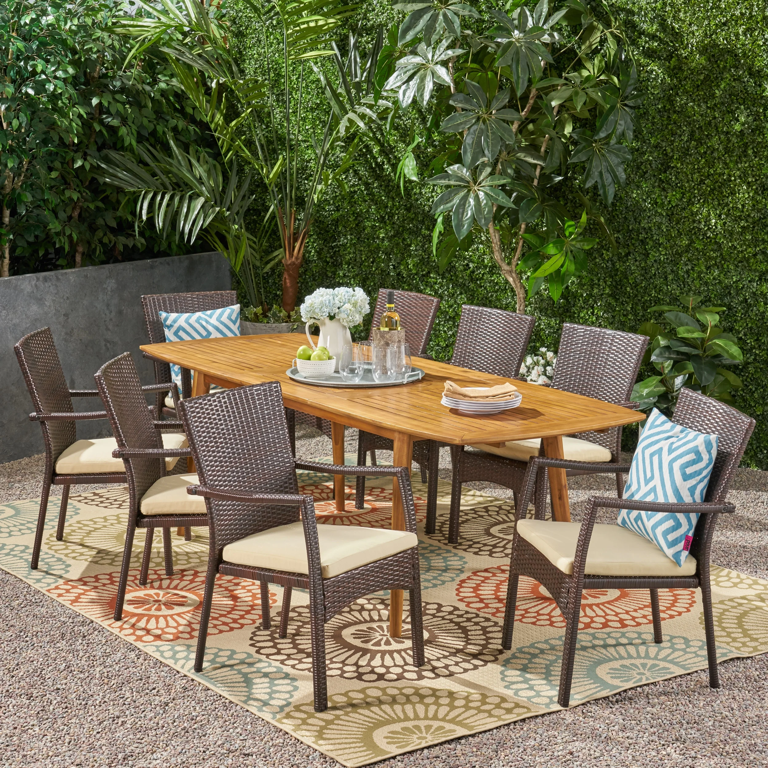 Jabari Outdoor Wood and Wicker Expandable 8 Seater Dining Set, Gray