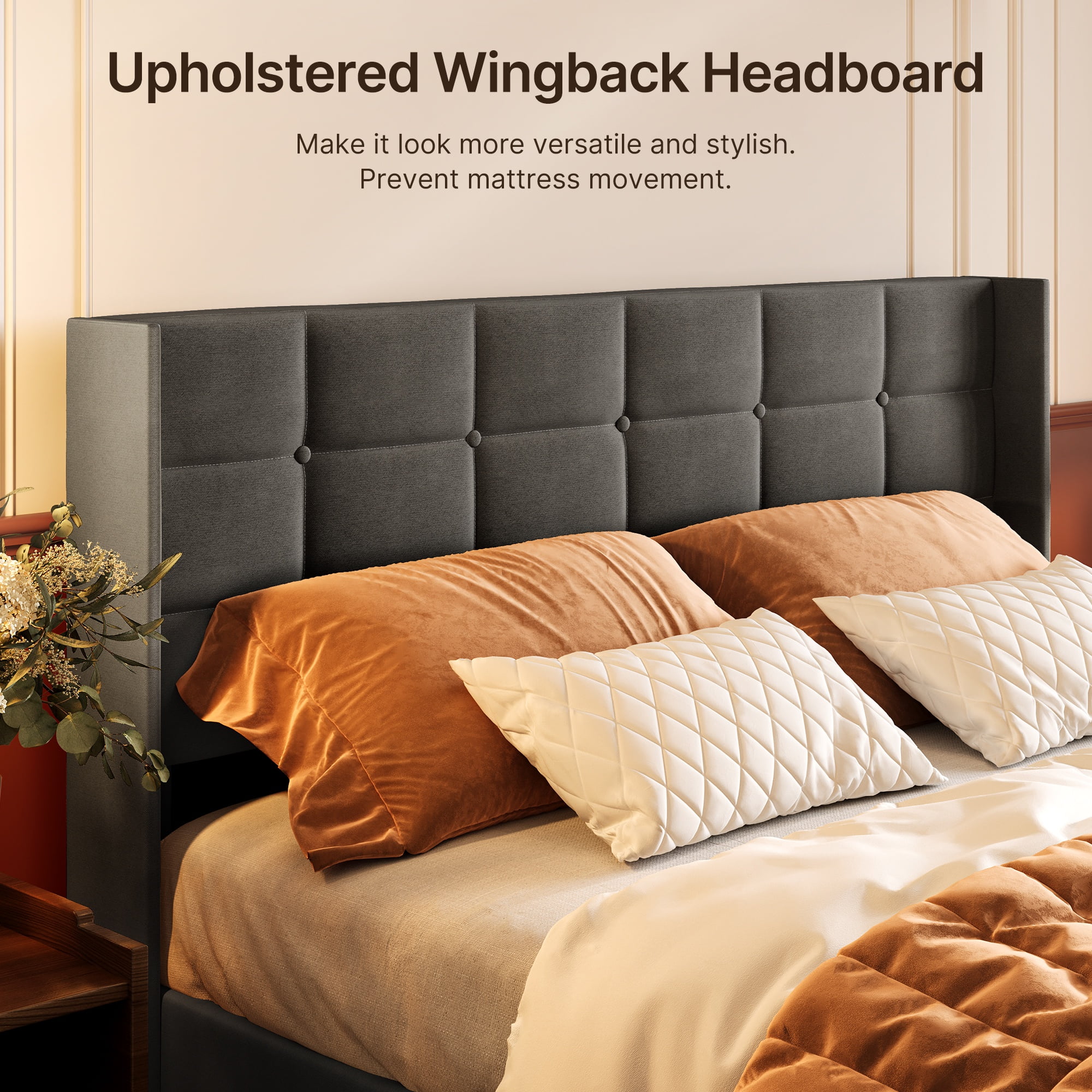Lofka Lift Up Storage Bed Full Size, Modern Wingback Headboard, No Box Spring Needed, Hydraulic Storage, Dark Grey