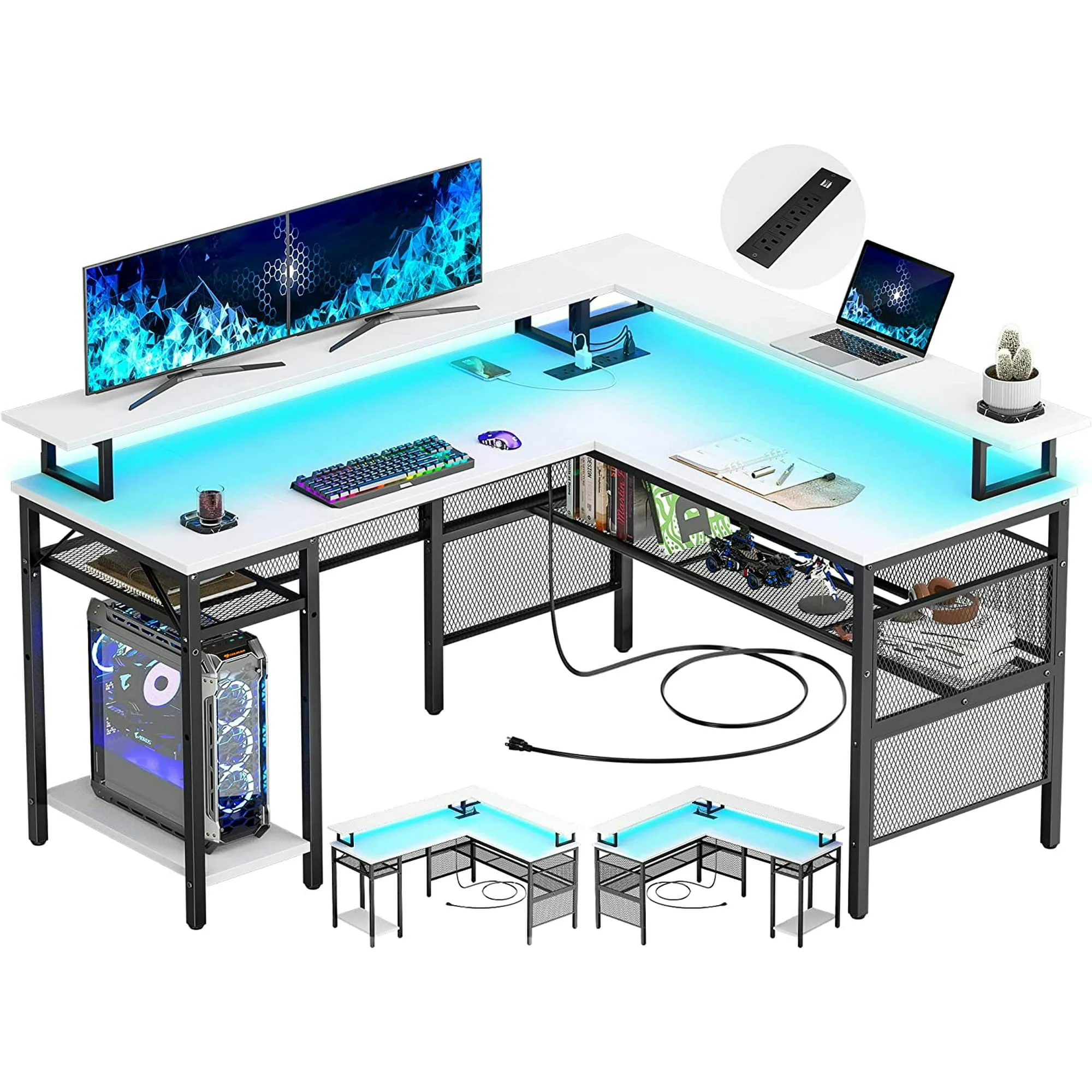 Homieasy L Shaped Desk with Power Outlets and LED Light, 55 inch Reversible L-Shaped Gaming Desk with Monitor Stand, Ergonomic Corner Computer Desk with Storage Shelf for Home Office, Rustic Brown