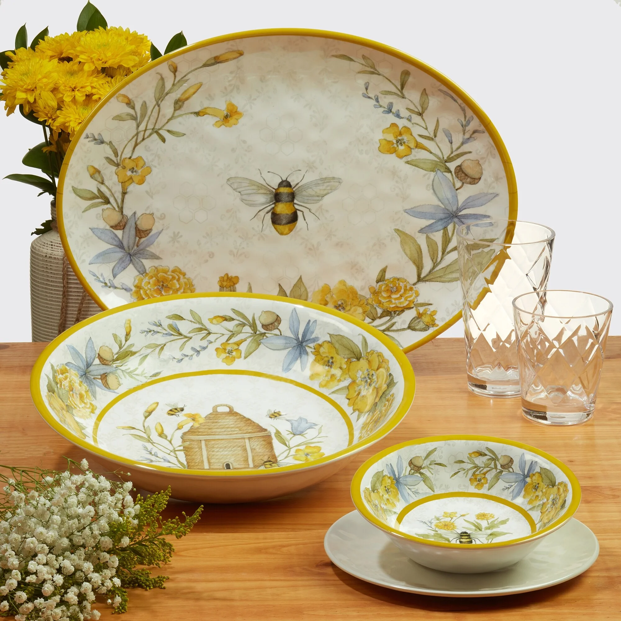 Certified International  Bee Sweet 12-Piece Melamine Dinnerware Set, Service for 4