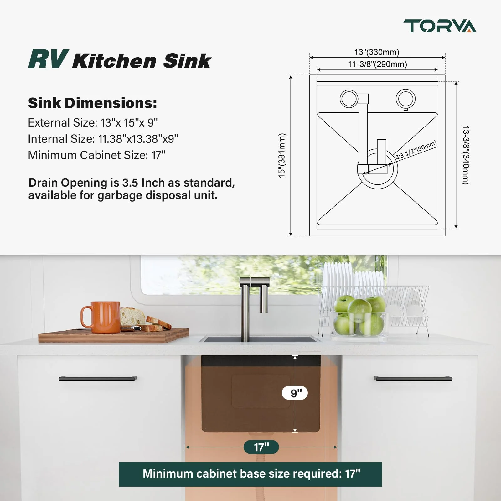 TORVA RV Kitchen Sink, 13 x 15 x 9 Inch Undermount Bar Sink 16 Gauge Stainless Steel Single Bowl Sink with Faucet,Cutting Board-Dark Gray, Grey