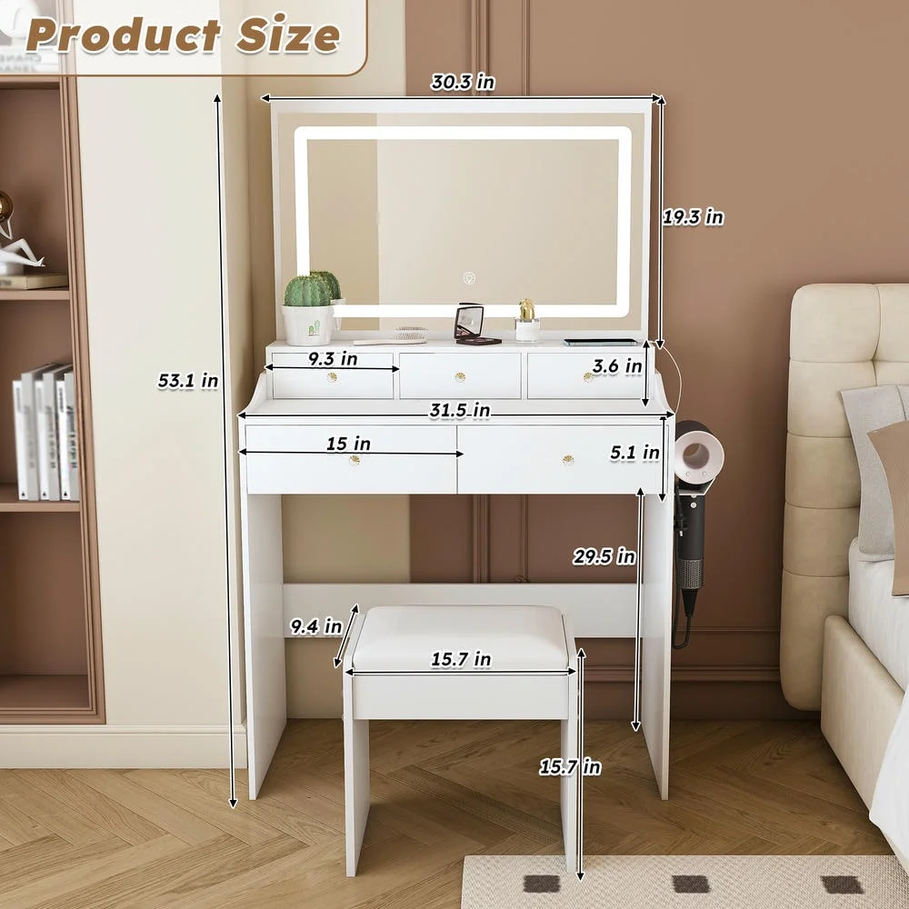 Kadyn Vanity Desk with Lighted Mirror, Vanity Table and Chair Set with 2 Drawers, Dressing Table Makeup Desk with 1 Door, Retro Gray