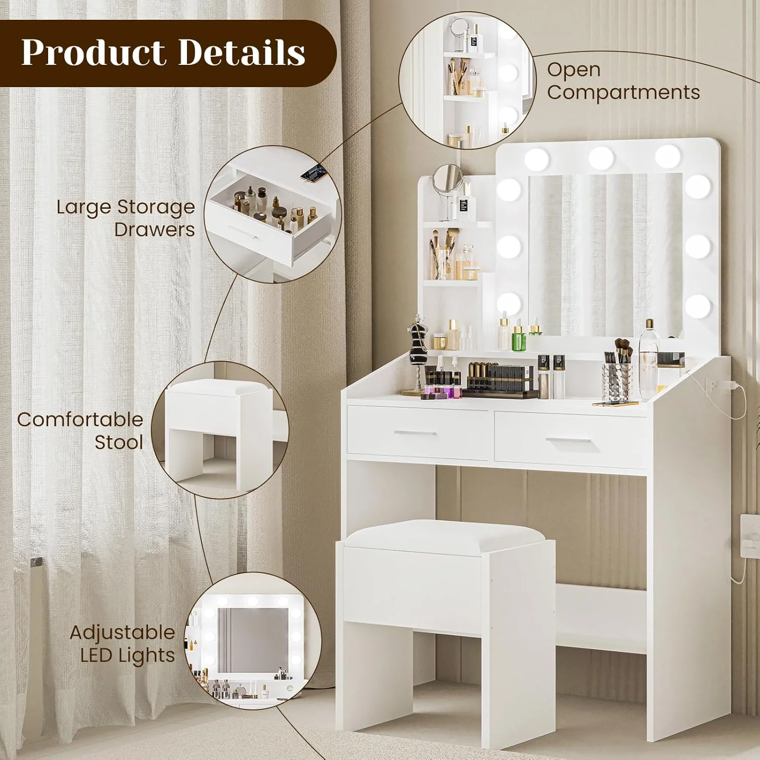OYang Makeup Vanity with Lights, Vanity Desk with Mirror and Lights Set, Large Drawer and Two-Tier Lots Storage Cabinet, 3 Lighting Modes Adjustable Brightness