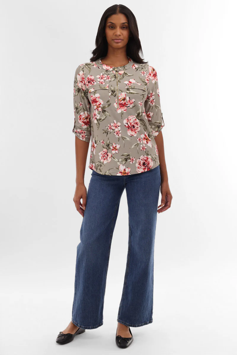 Floral Half Zip Blouse - Olive