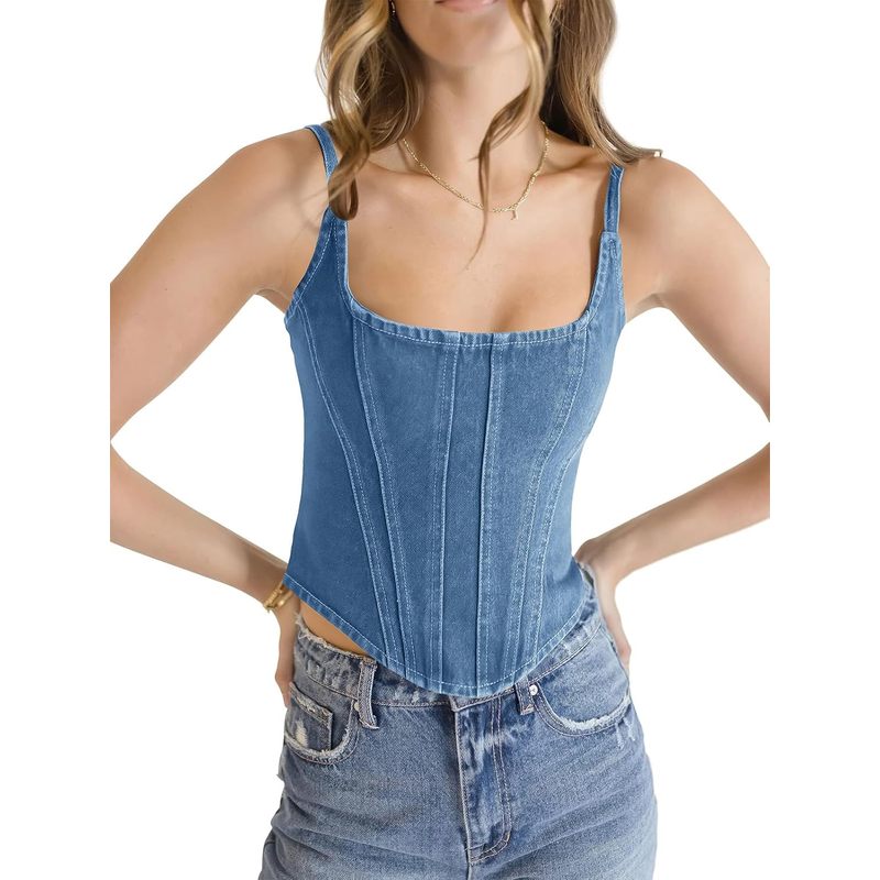 Women's Denim Corset Tank Tops Sleeveless Slim Fit Vest Spaghetti Strap Summer Crop Top