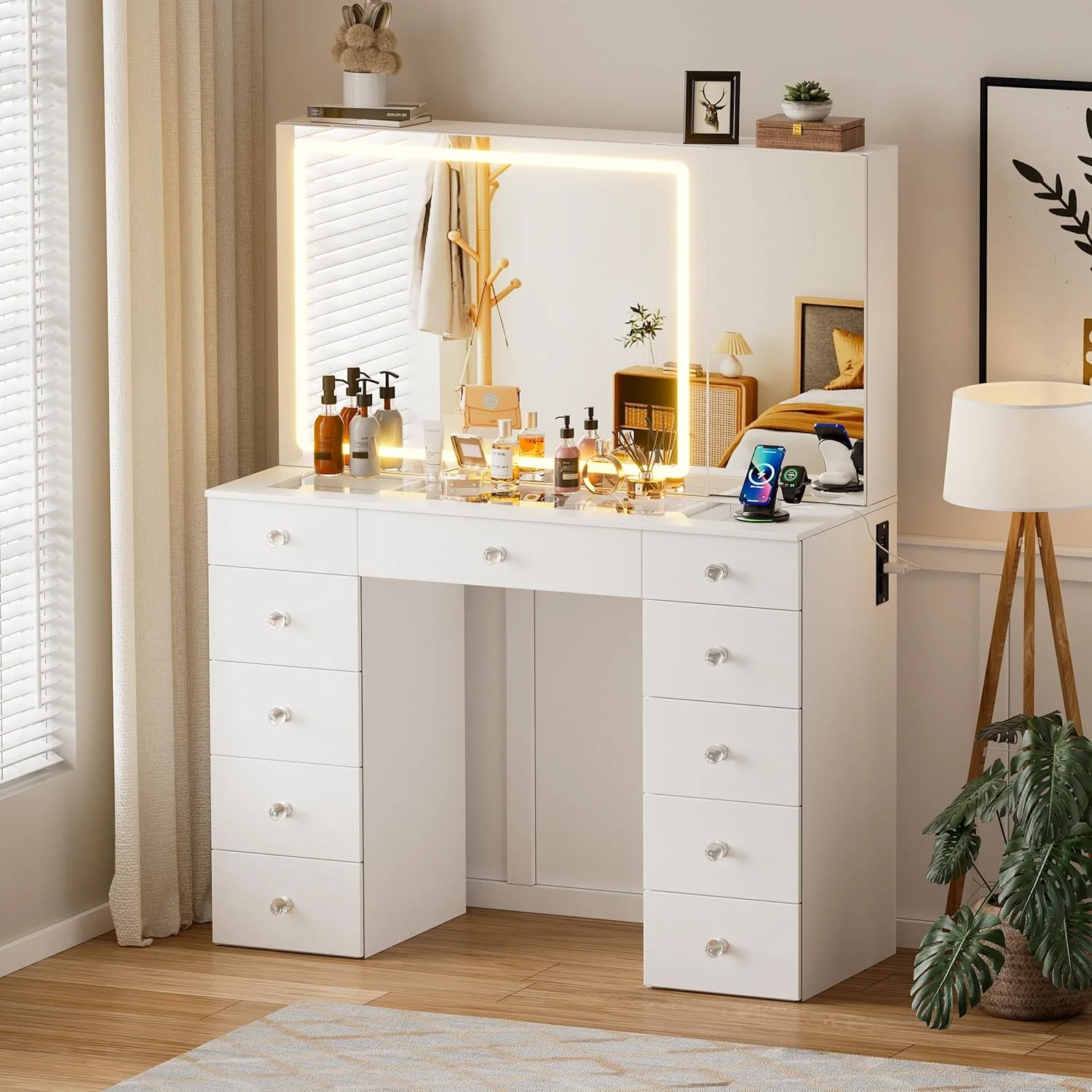 PAKASEPT Vanity Set with Lighted Mirror, Large Vanity Desk with Charging Station, Makeup Vanity Table with 11 Drawers & Hidden Sliding Storage Cabinet & Visible Glass Tabletop for Bedroom (White)