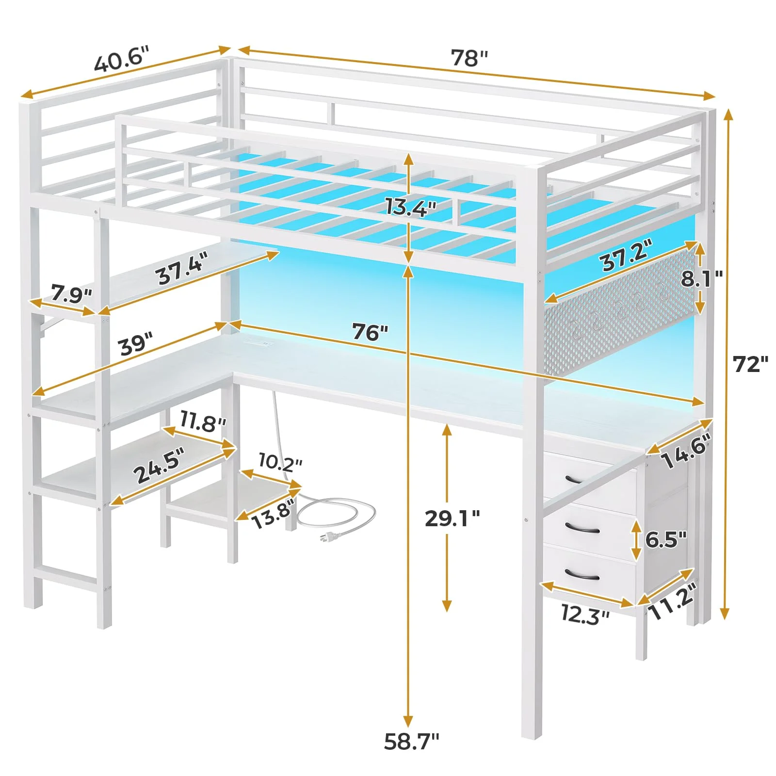 Afuhokles Loft Bed Twin Size with L-Shaped Desk and Charging Station, LED Light Twin Metal Loft Bed with Fabric Drawers and Shelves, Gray