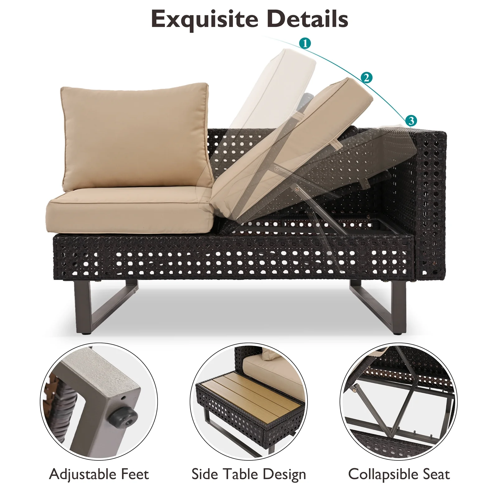 6-Piece Outdoor Sectional Furniture Set for Patio, Expandable Coffee Table w/ Ice Bucket & Collapsible Seat, Deep Cushions - Khaki
