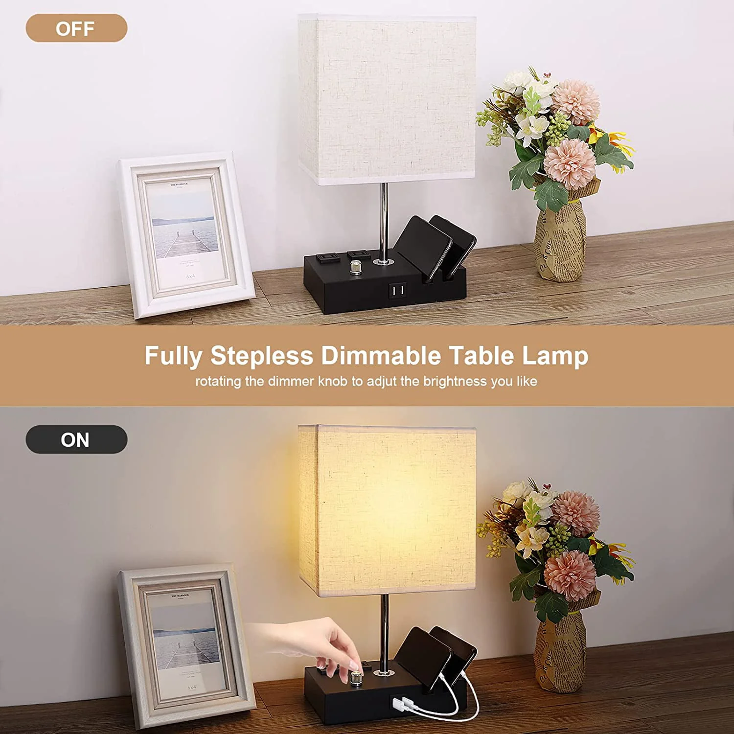 Bedside Table Lamp for Bedroom with Dual Fast USB Charging Ports, Fully Dimmable Nightstand Lamps with 2 Phone Stands and 2 Charging Outlets, Desk lamp with Fabric Shade for Living Room