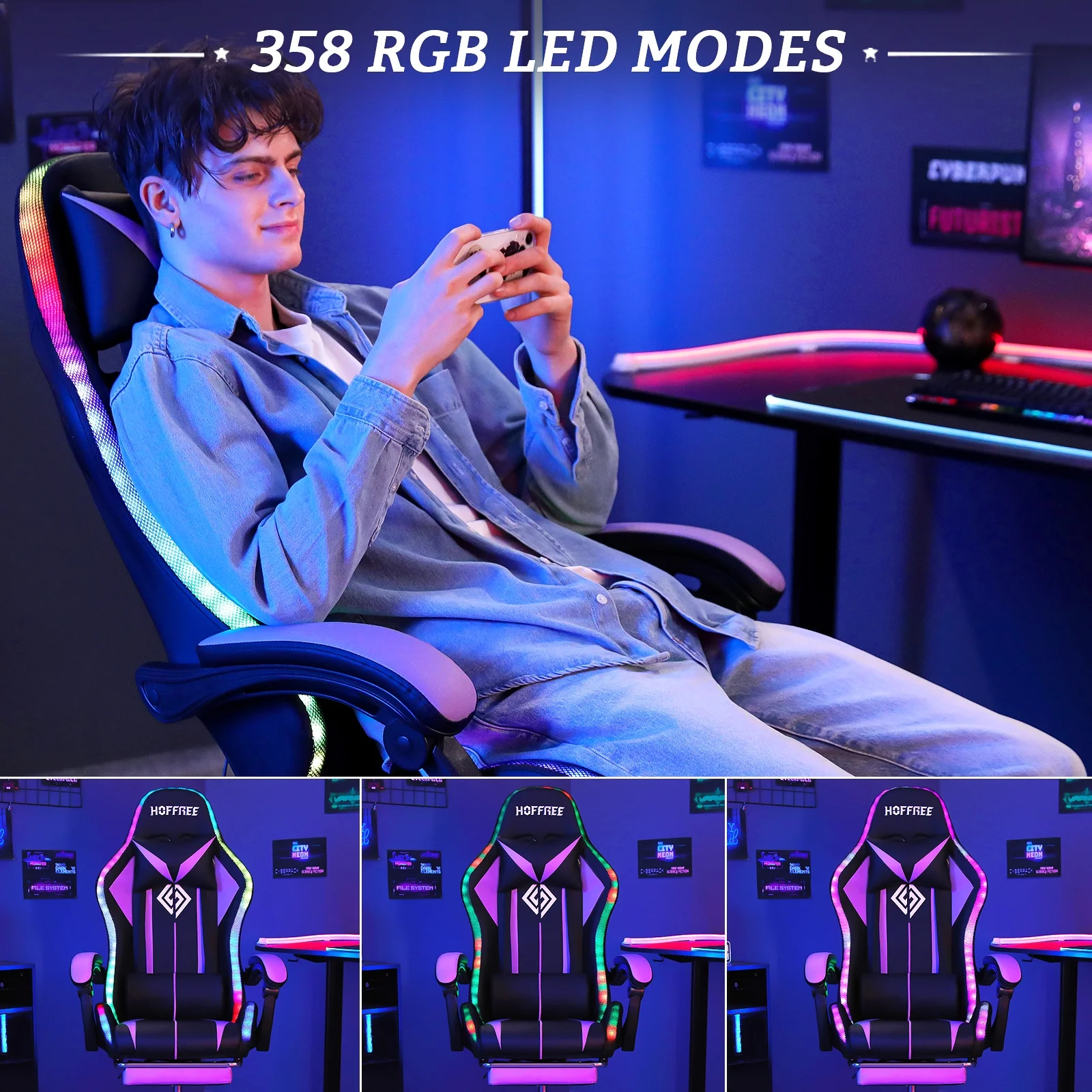 Hoffree Gaming Chair with Massage PU Leather Office Chair with Footrest and LED Light Ergonomic Gamer Chair Lumbar Support Adjustable Headrest High Back Computer Desk Chair for Home Office