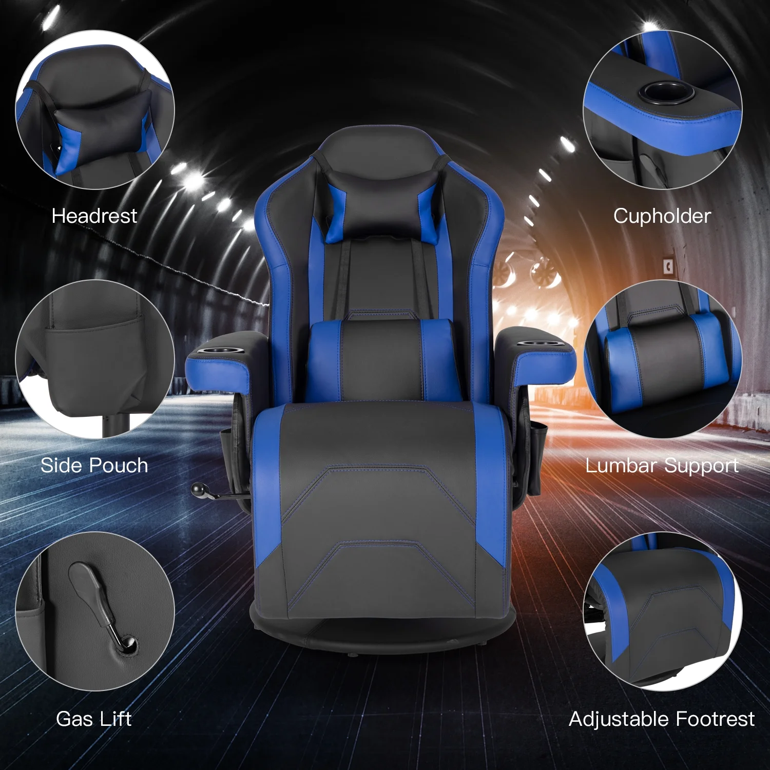 Video Gaming Chair Recliner Ergonomic High Back Swivel Reclining Chair with Cupholder, Headrest, Lumbar Support, Adjustable Backrest and Footrest, Black Blue