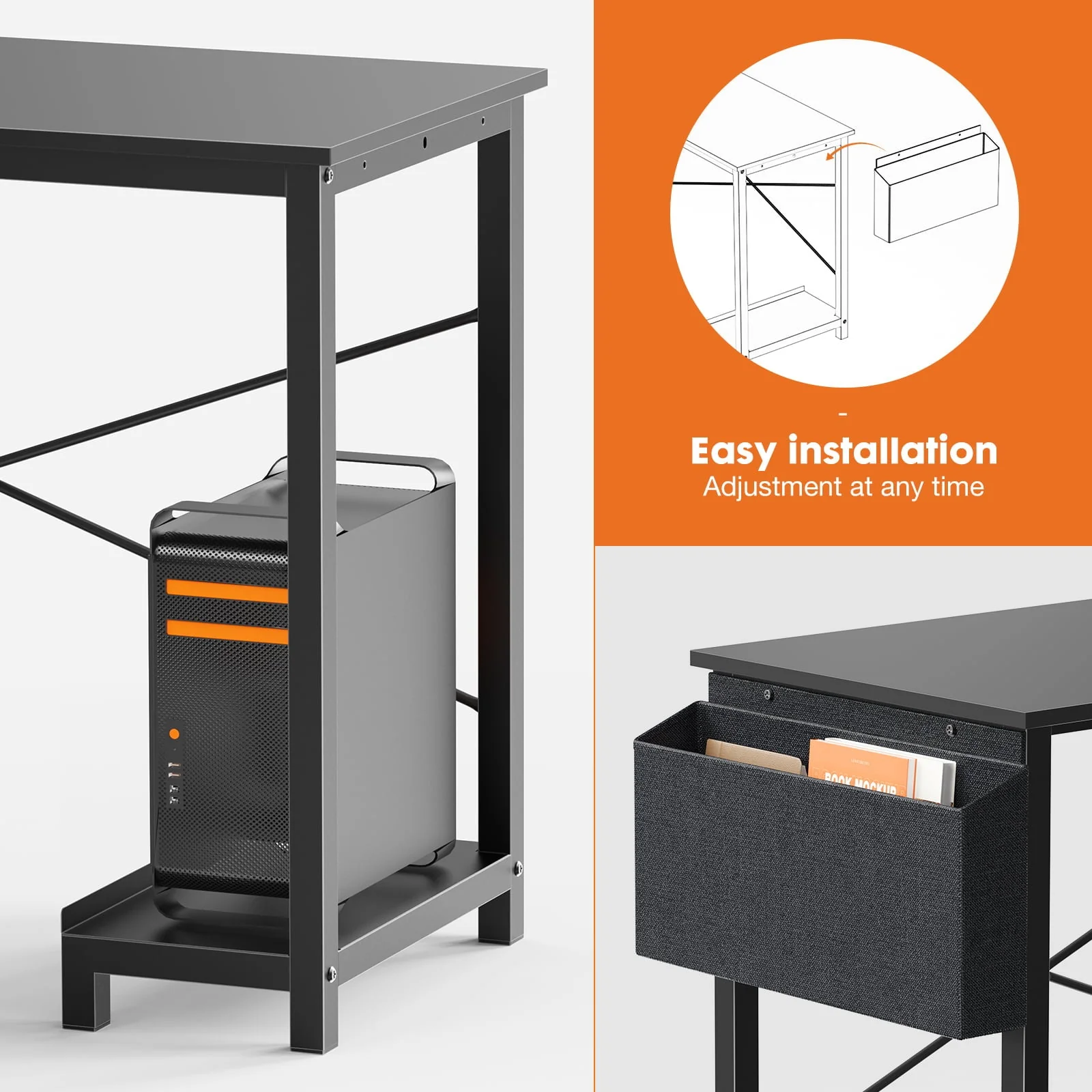 Modern L-Shaped Desk with Reversible Storage Shelf for Home and Office Use - 49 Inch Computer Desk for Gaming, Study, and Workstation, Black