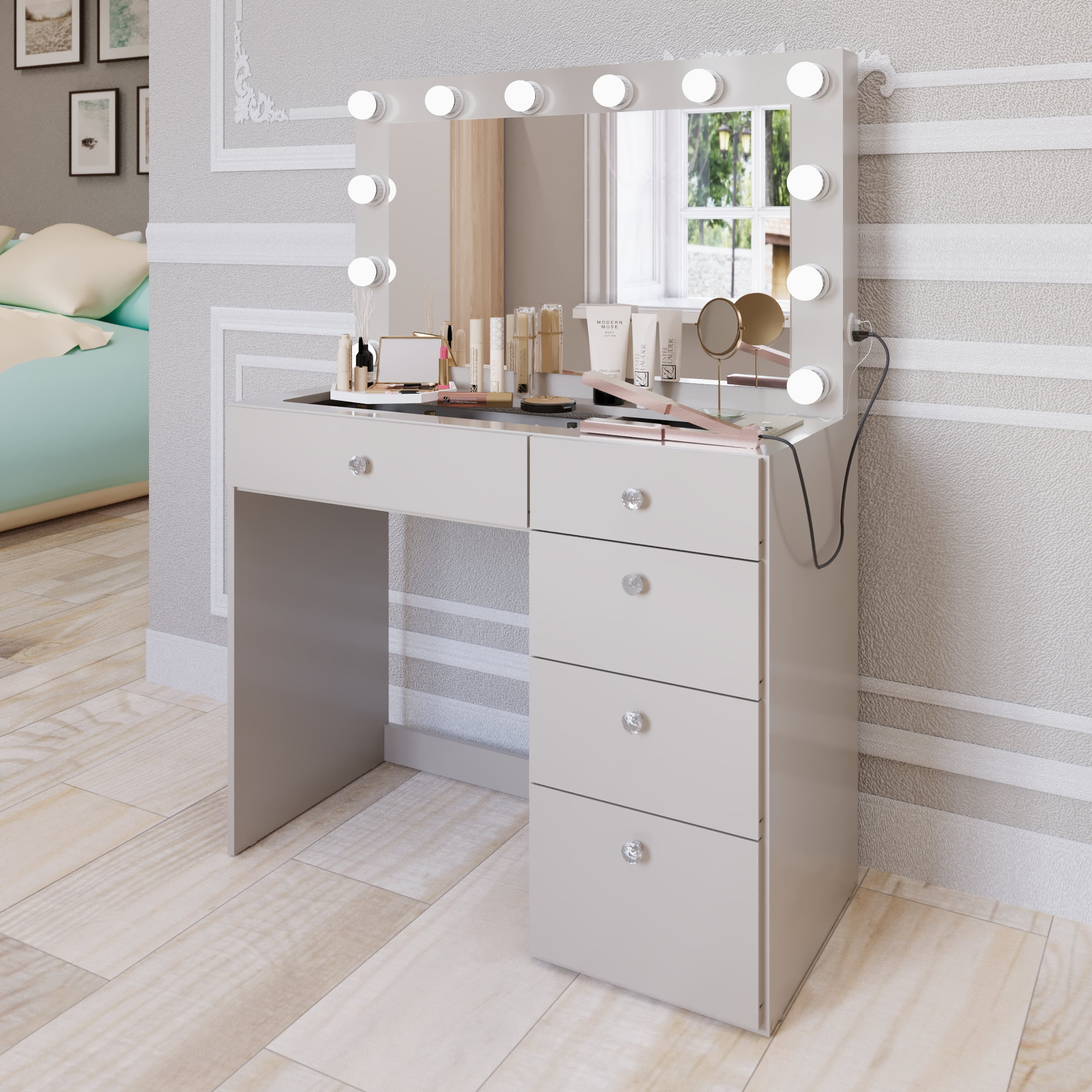 Boahaus Alana White Vanity Desk with LED Lighted Mirror, 5 Drawers, Jewelry Divider, Bluetooth Speakers, and Charging Station