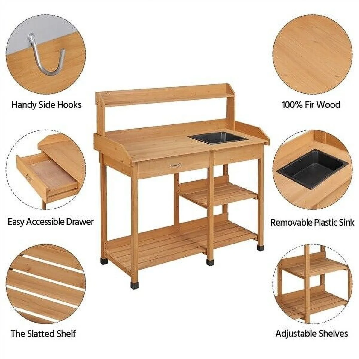 XYTREW Garden Potting Bench Table �C Outdoor Wooden Workstation for Gardening with Storage Shelves, Natural Fir Wood Planting Work Desk