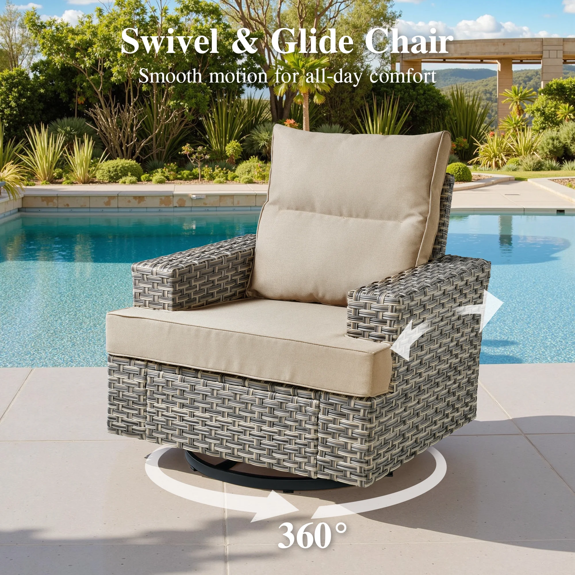 Ovios 10 Pieces Outdoor Patio Furniture Modern High-Back All-Weather Wicker Sectional Conversation Set with Propane Fire Pit Table & Swivel Chair, Dark Gray