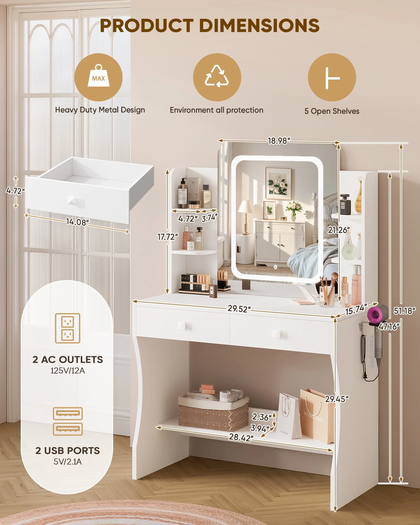 LIVELYGLOW Vanity Desk Set with Square Mirror and Light- Small Vanity Table with Drawers- White