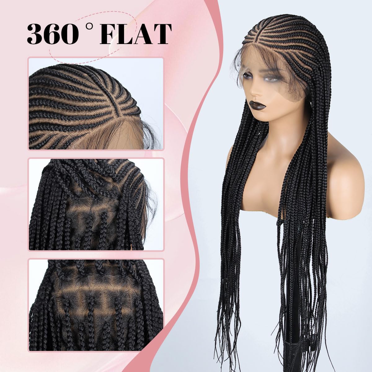 13X8 Lace 36 Inch Front Cornrow Braided Wigs for Black Women Cornrow Box Braid Wigs with Baby Hair Black Lightweight Synthetic Natural Deep Side Parting Lace Frontal Box Braided Wig