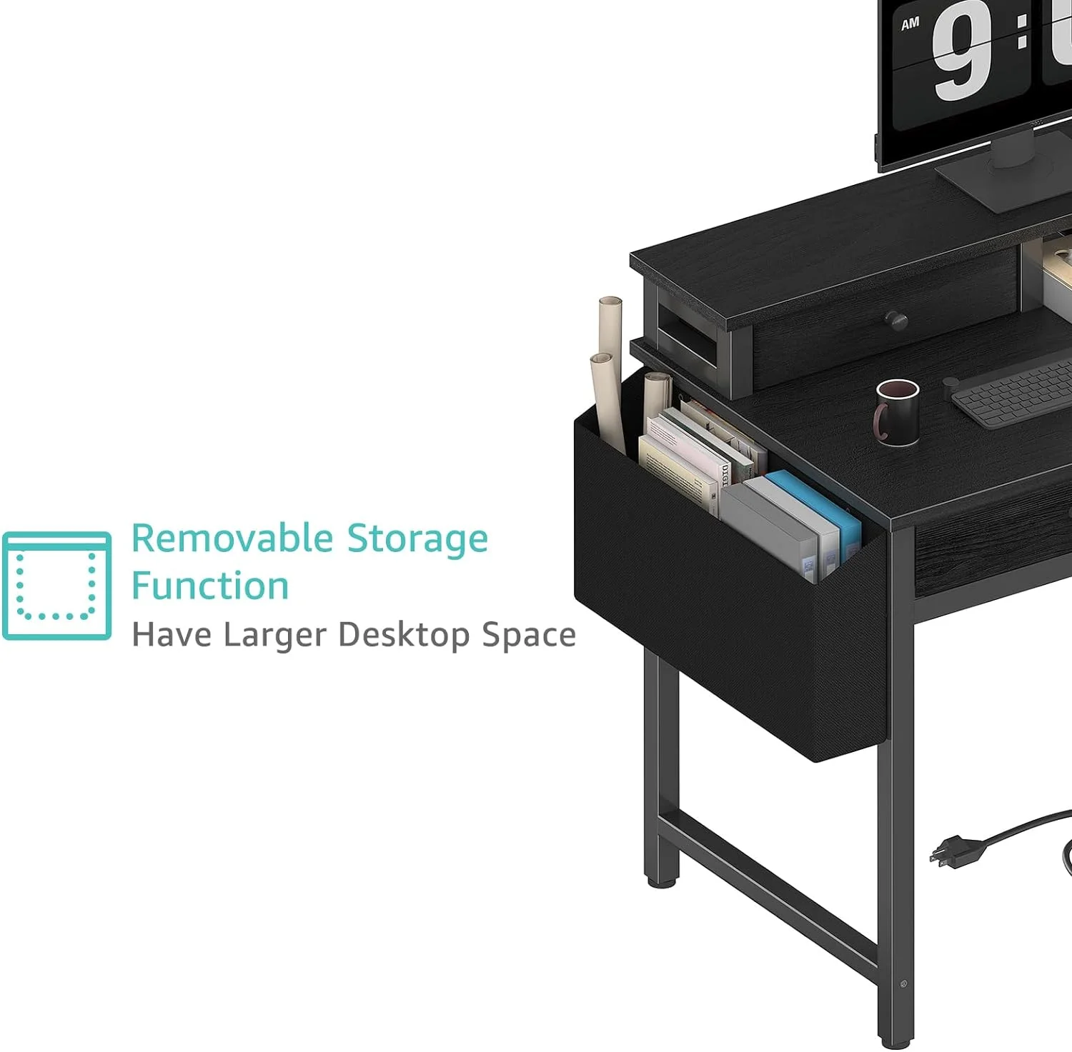 Small Desk with Drawers for Home Office Bedroom, 31 inch Black Writing Study Desks with Fabric Drawers Storage, Gaming Desk Table with Power Outlet & Monitor Stand, Black