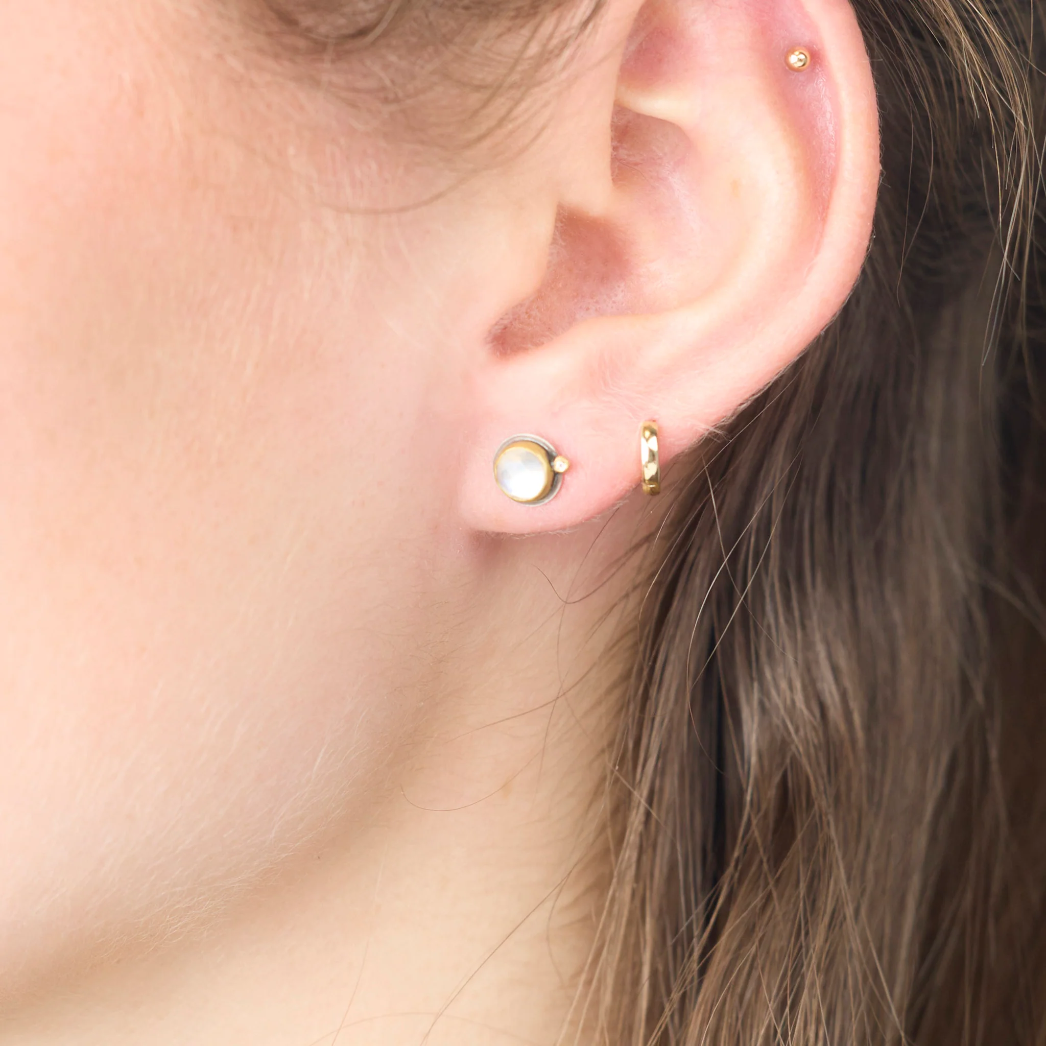 Moonstone Stud Earrings with Diamond Dot