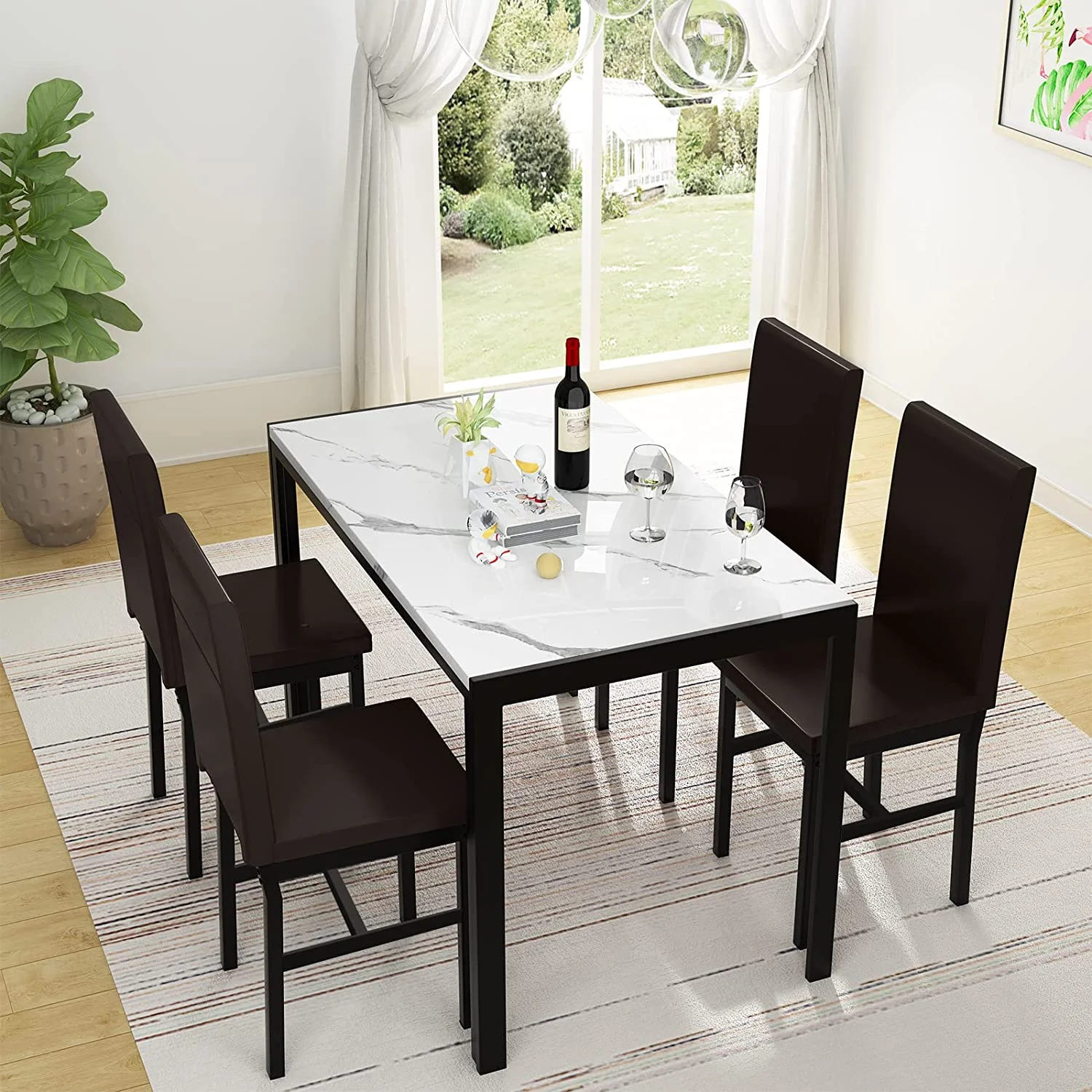 Recaceik Dining Table Set for 4, Furniture 5 Piece Faux Marble Dining Set, 4 Faux Leather Metal Frame Chairs, Dinette, Compact Space w/Artificial Marble for Small Spaces, Dining Room, Kitchen