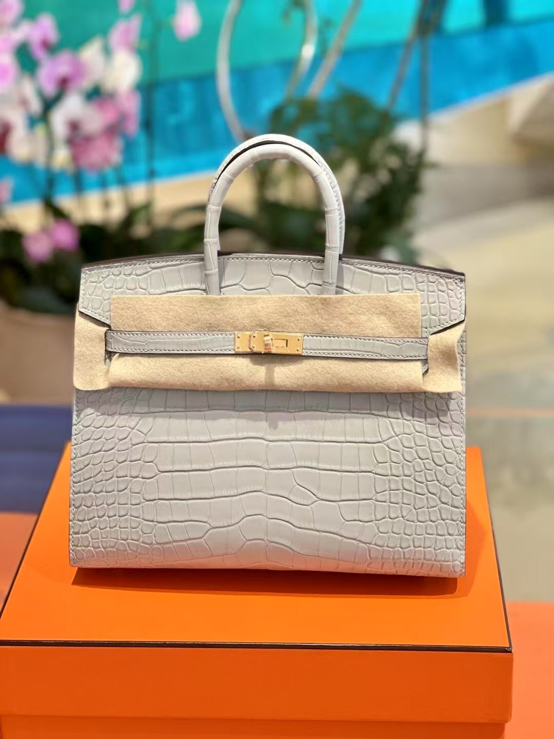 Advanced customization Birkin 25 Pearl Gray with Lemon Yellow Inside Matte Crocodile Skin