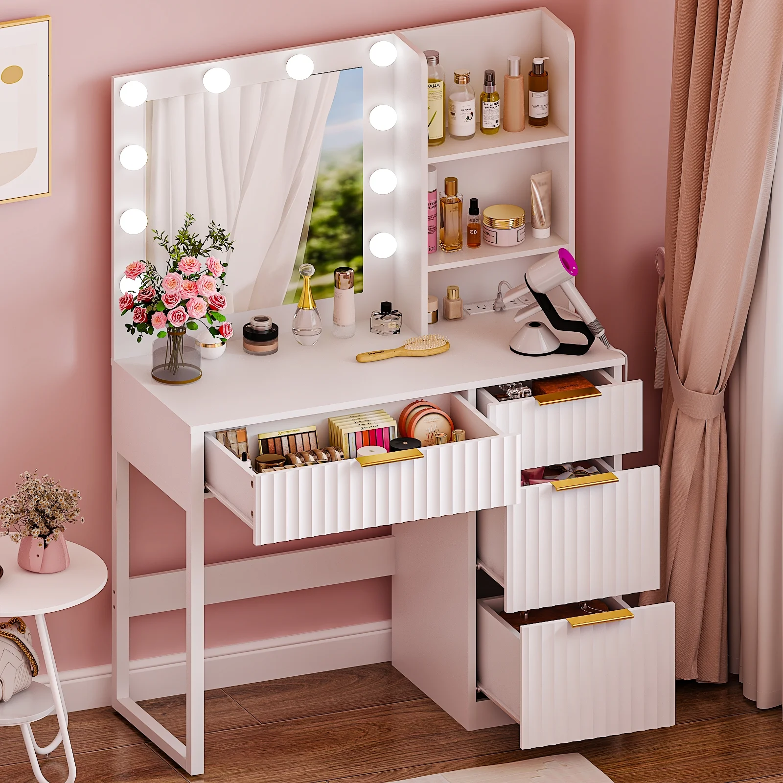 Ktaxon Vanity Set with 3 Color Lighted Mirror, Makeup Table with 3 Storage Shelves & Drawers, Dressing Table Makeup Desk with Stool,White