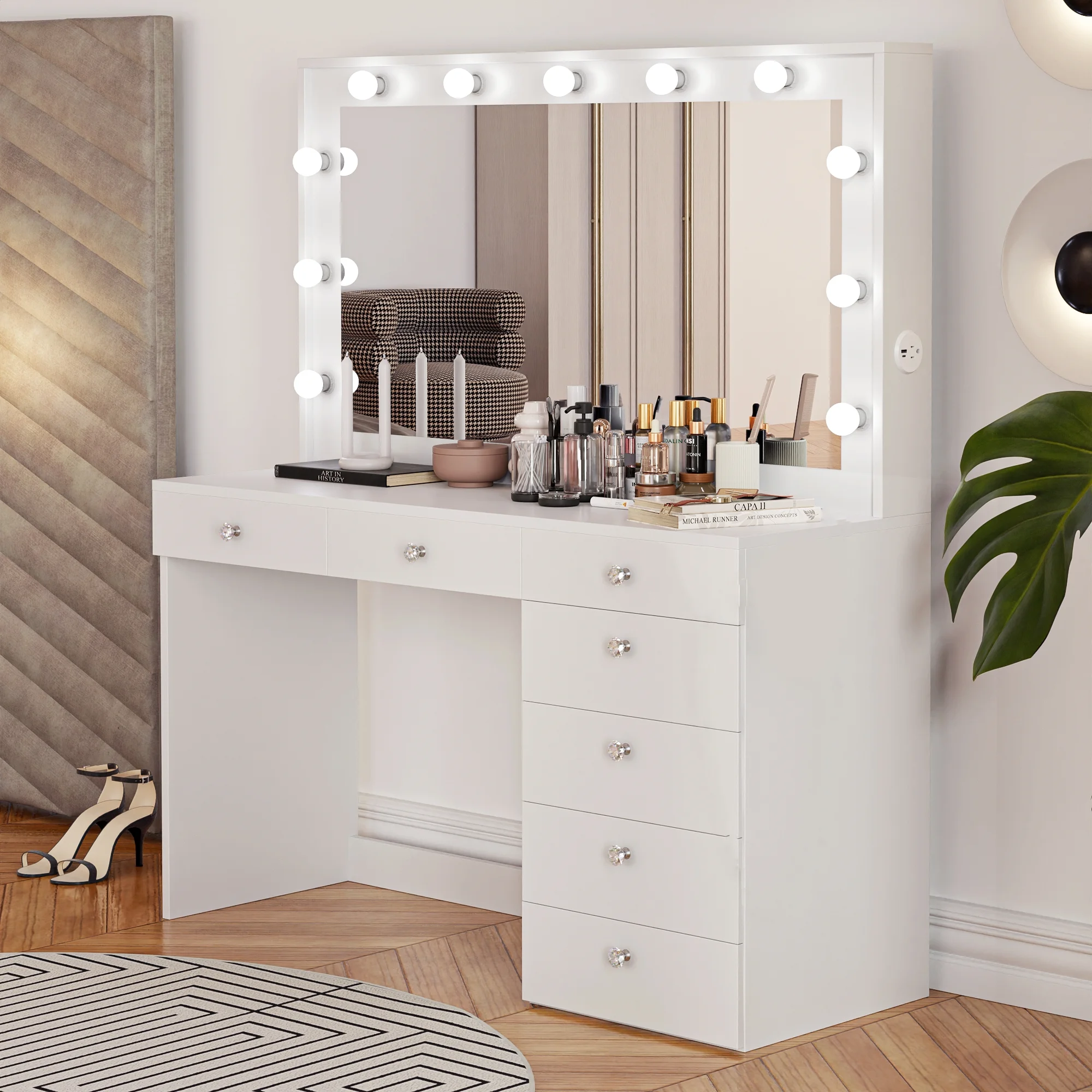 Ember Interiors Peggy Vanity Desk with Lighted Mirror and USB Ports