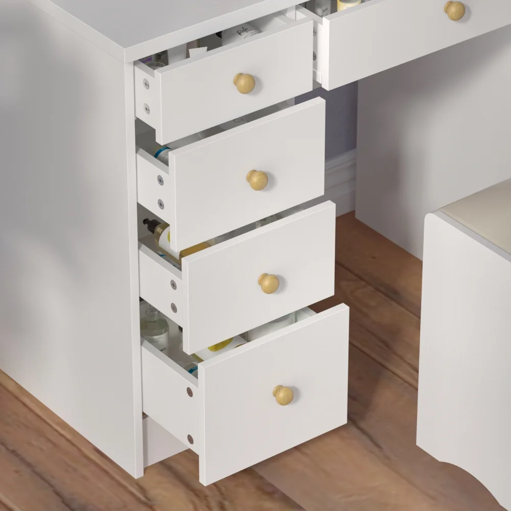 KULAGAGA Vanity Table Set with Light Mirror, Makeup Table with 3 Storage Shelves & 5 Drawers, Dressing Vanity Tables with , Dresser Desk for Girls, Women, White
