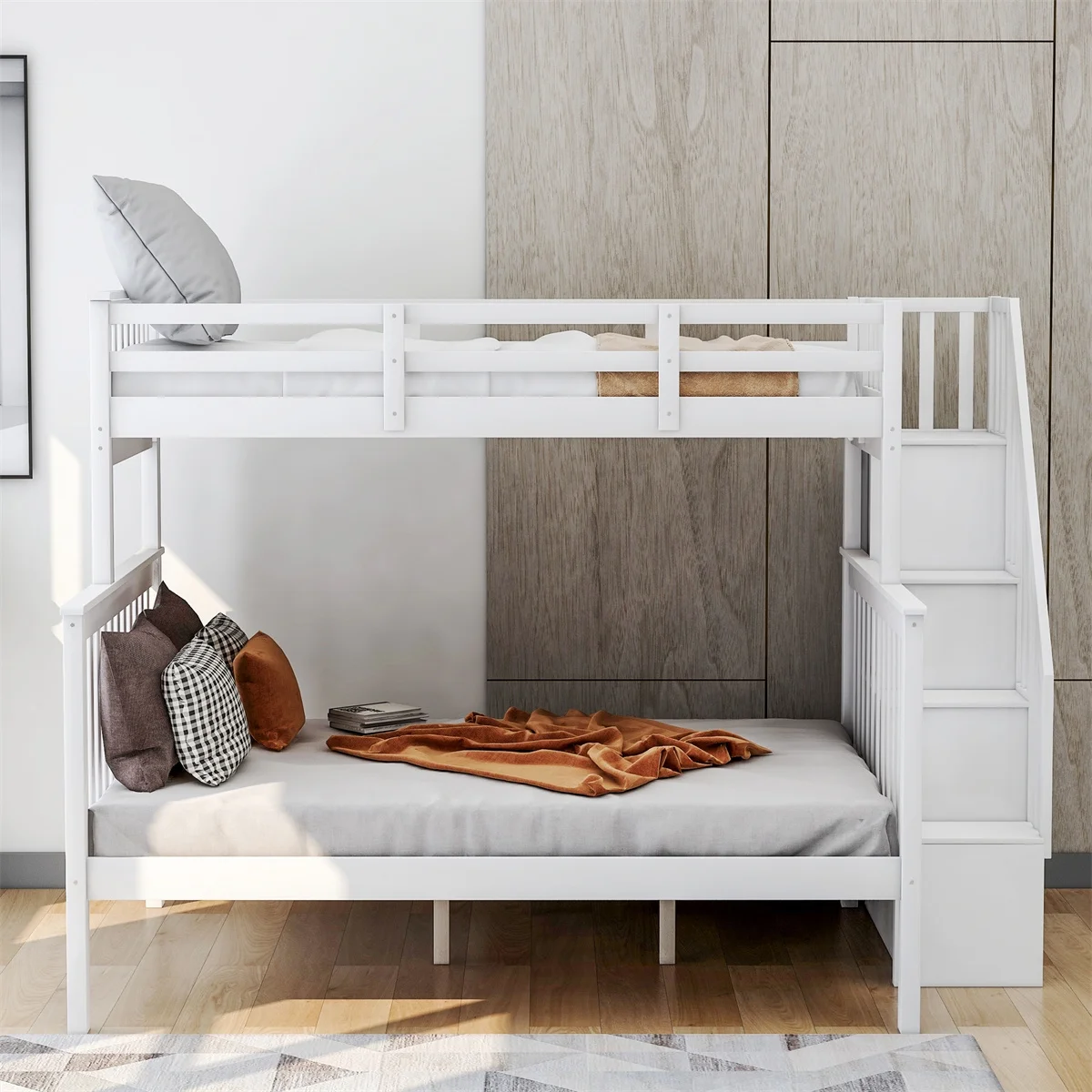 JINS&VICO Twin-Over-Full Bunk Bed with Storage and Safety Guard Rail, Sturdy and Durable Wood Bed Frame for Bedroom, Box Spring Required, Saving Space, Convenient Assembly, White