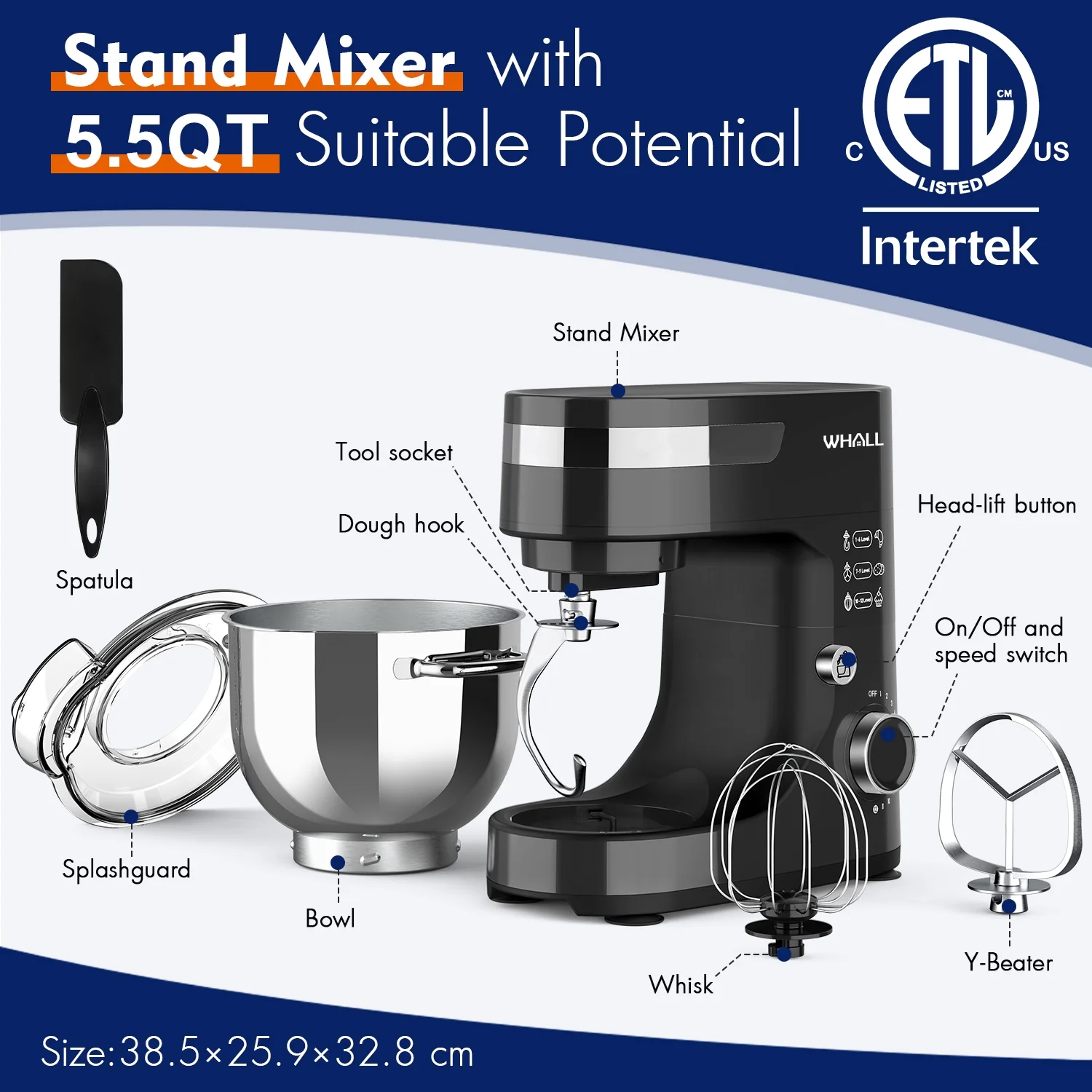 WHALL Stand Mixer - 5.5Qt 12-Speed Tilt-Head Electric Kitchen Mixer with Dough Hook/Wire Whip/Beater, Stainless Steel Bowl (Black) New