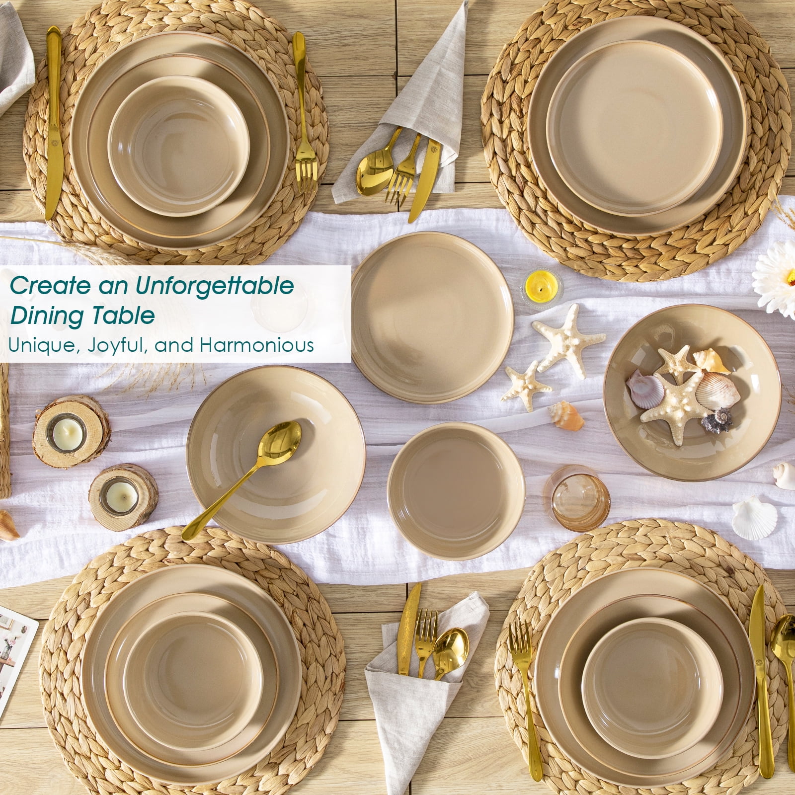 Malacasa 24 Pcs Dinnerware Sets, Stoneware Plates and Bowls Set, Tableware Dishwasher Microwave Safe, Serves For 6 people, Brown